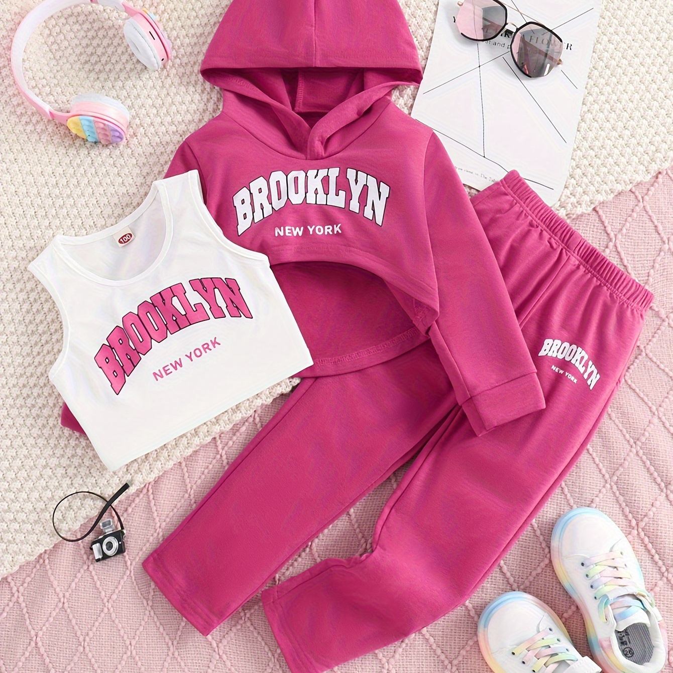 

3pcs Brooklyn Print Outfits Girls Hoodies + Tank Top + Jogger Pants Set Sports Spring Fall