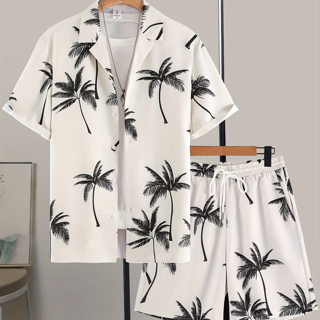 

2 Pcs Men's Casual Coconut Tree Pattern Thin Pajamas Sets, Short Sleeve Lapel Neck Shirt & Elastic Waist Loose Shorts Lounge Wear, Home Indoor Sets For Summer