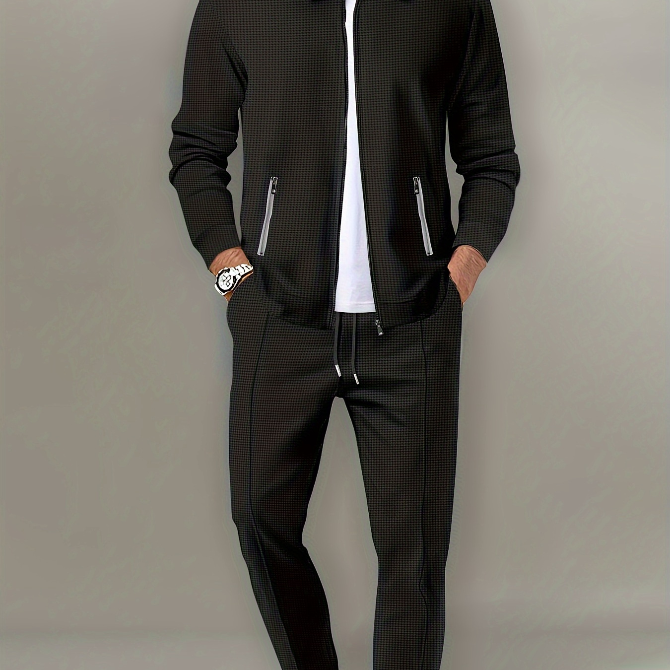 

Men's Casual 2-piece Outfit, Solid Color Jacket & Drawstring Pants Set, Breathable Comfy Full Zip Jacket & Pants Set