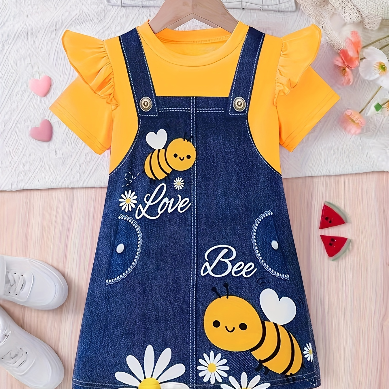 

Cute Daisy Bee & Suspender Print Short Sleeve T-shirt Dress For Girls - Perfect For Holiday Summer Outing, Trendy Girl's Clothing