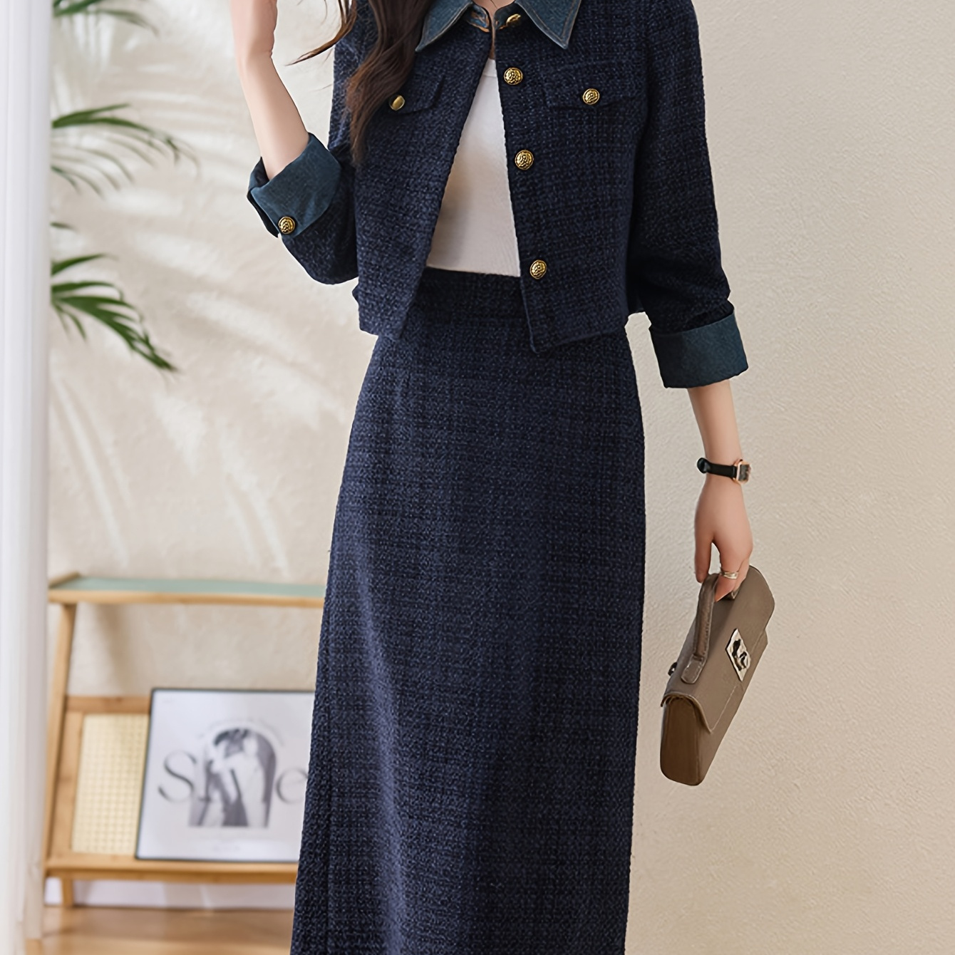 

Vintage French-inspired Women' Set: Chic Denim-look Jacket & Skirt Combo - Long Sleeve, Button Detail, Machine Washable