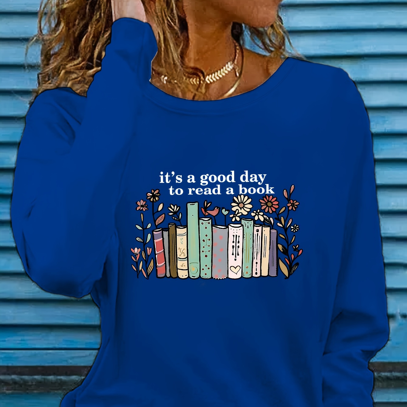 

Book Print T-shirt, Long Sleeve Crew Neck Casual Top For Spring & Fall, Women's Clothing