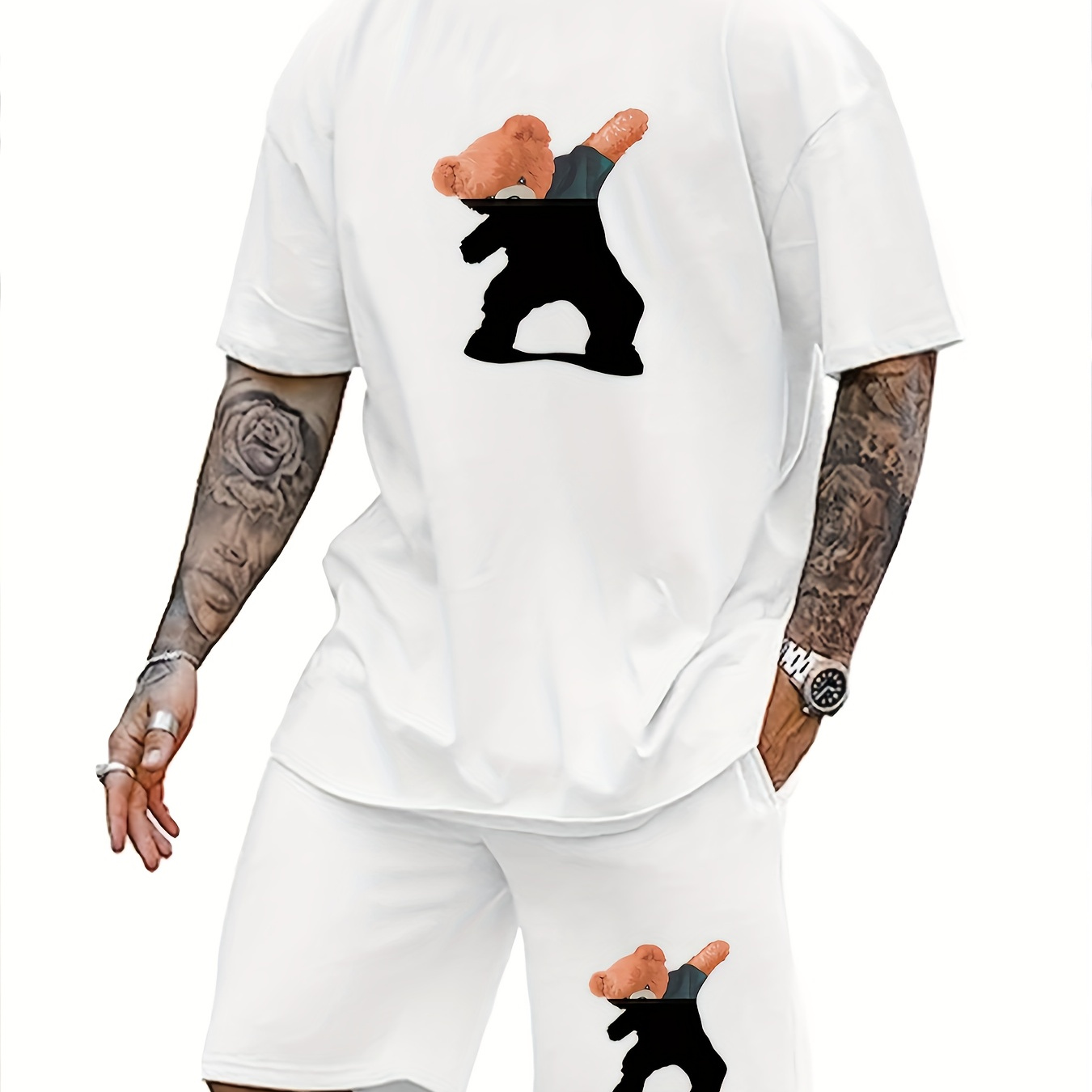 

Men's Pajama Set, Bear Pattern Casual Crew Neck Short Sleeve T-shirt & Drawstring Shorts 2-piece Set For Summer Home Wear