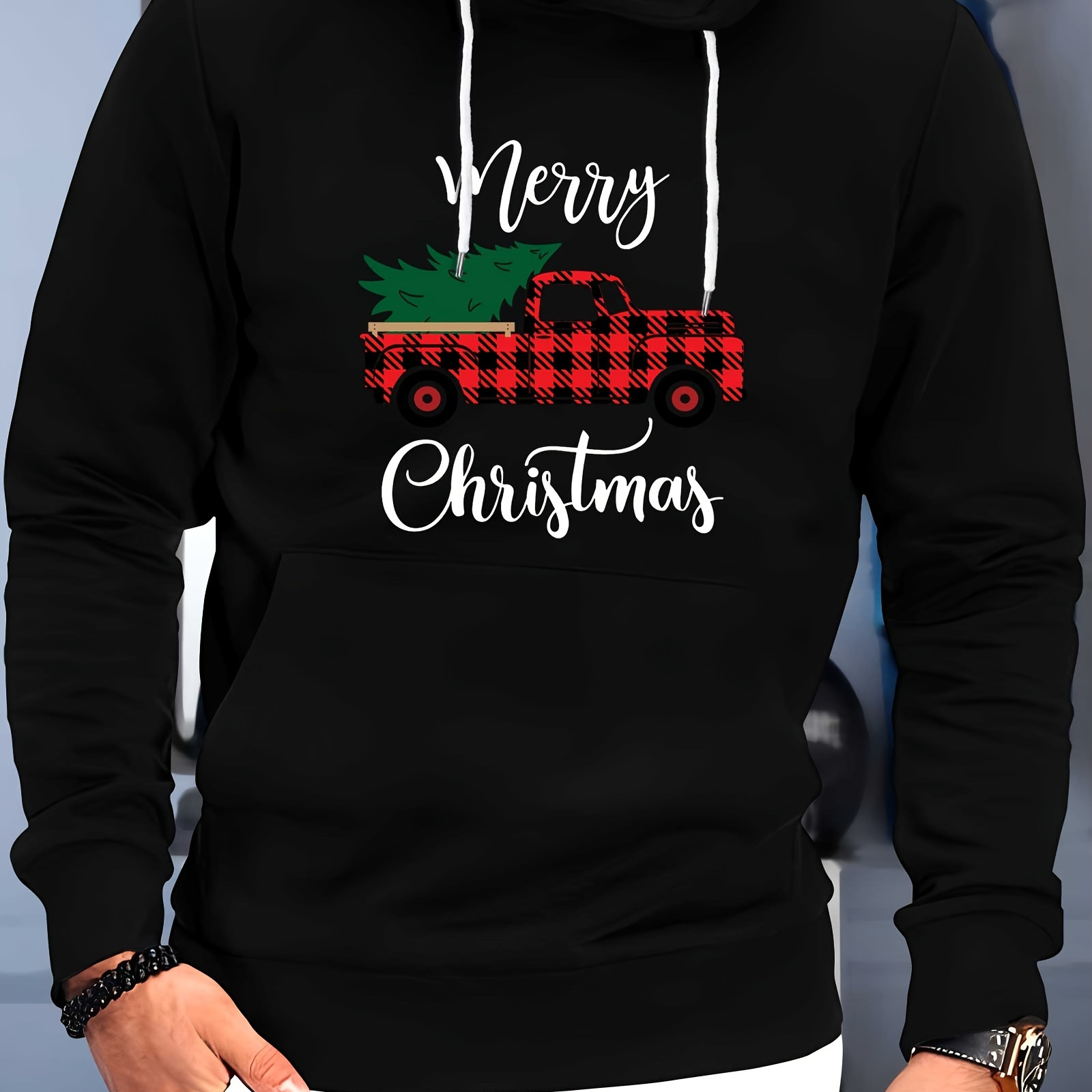 Plus Size ''Christmas Truck'' Print Casual Long Sleeve Pocket Hooded Sweatshirt, Men's Sports Hoodie Tops