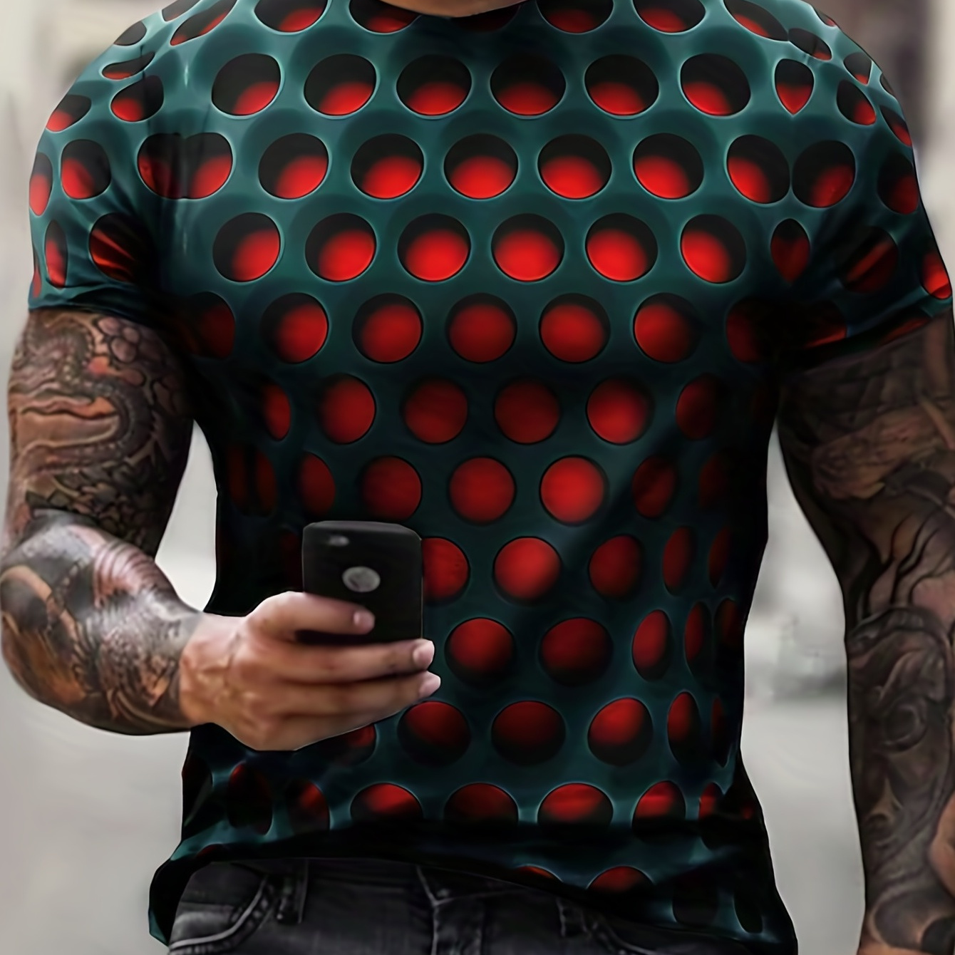 

Color Block Holes 3d Print Men's Novelty Short Sleeve Crew Neck T-shirt, Summer Outdoor