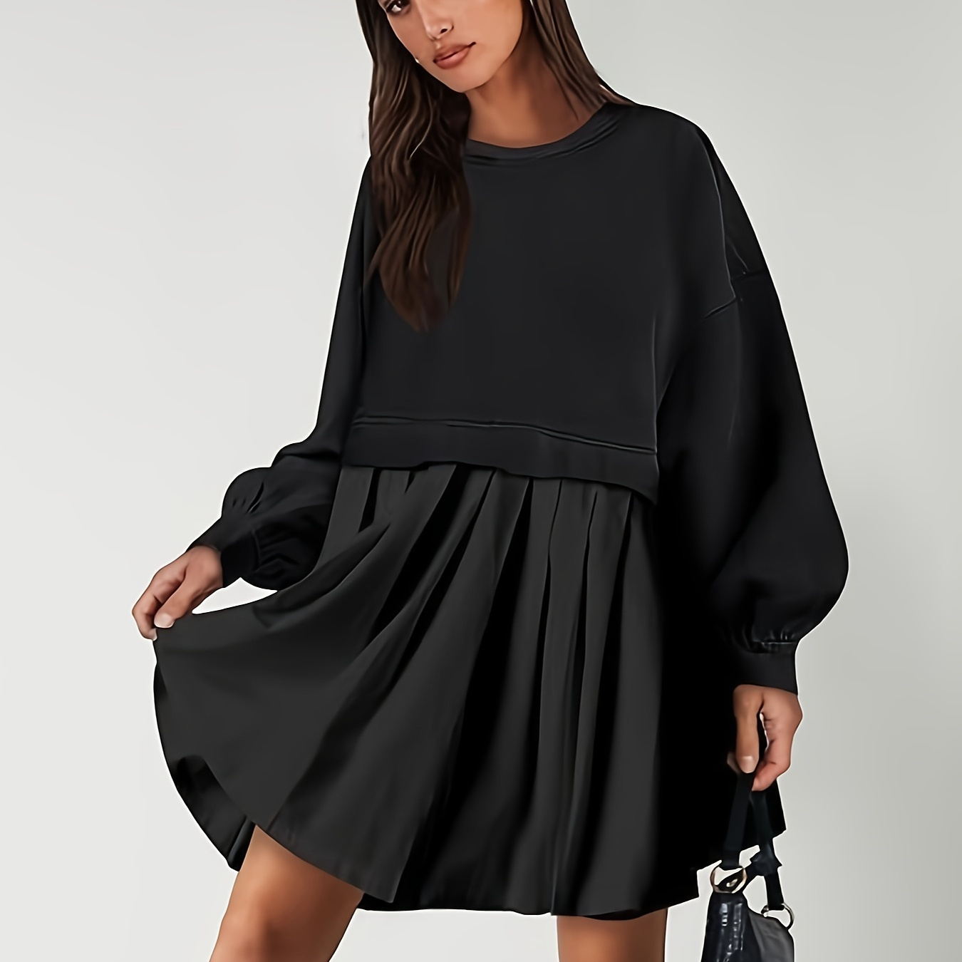 

Women Long Sleeve Patchwork Sweatshirt Oversized Pleated