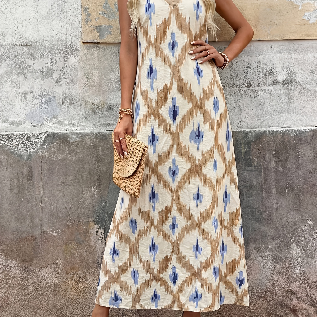 Vestido Sin Mangas con Estampado Bohemio para Mujer - Vestido Casual de Ajuste Holgado con Detalles de Parches, Lavable a Máquina, Tela No Transparente para Todas las Estaciones