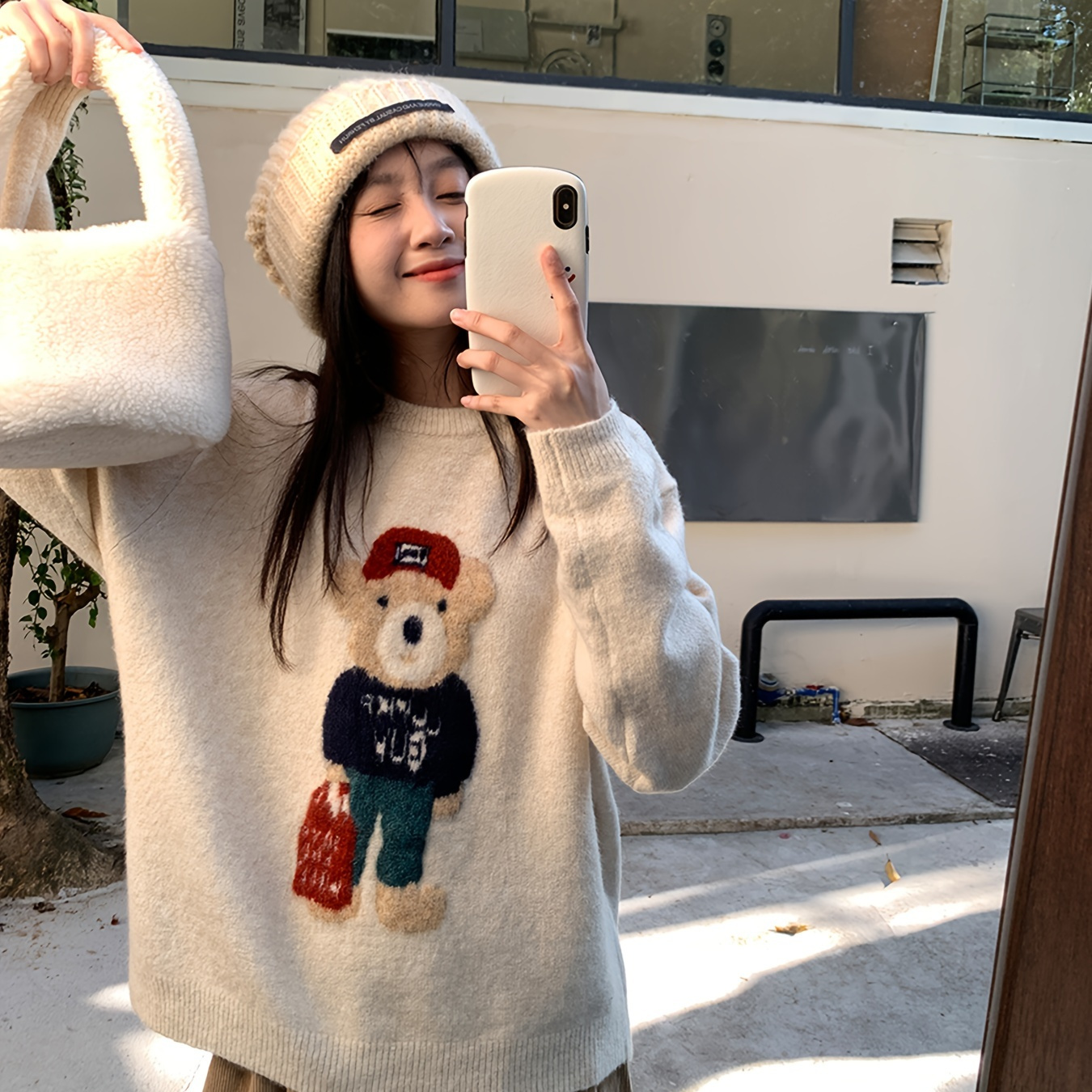 

Bear Pattern Crew Neck Sweater, Casual Long Sleeve Sweater For Fall & Winter, Women's Clothing