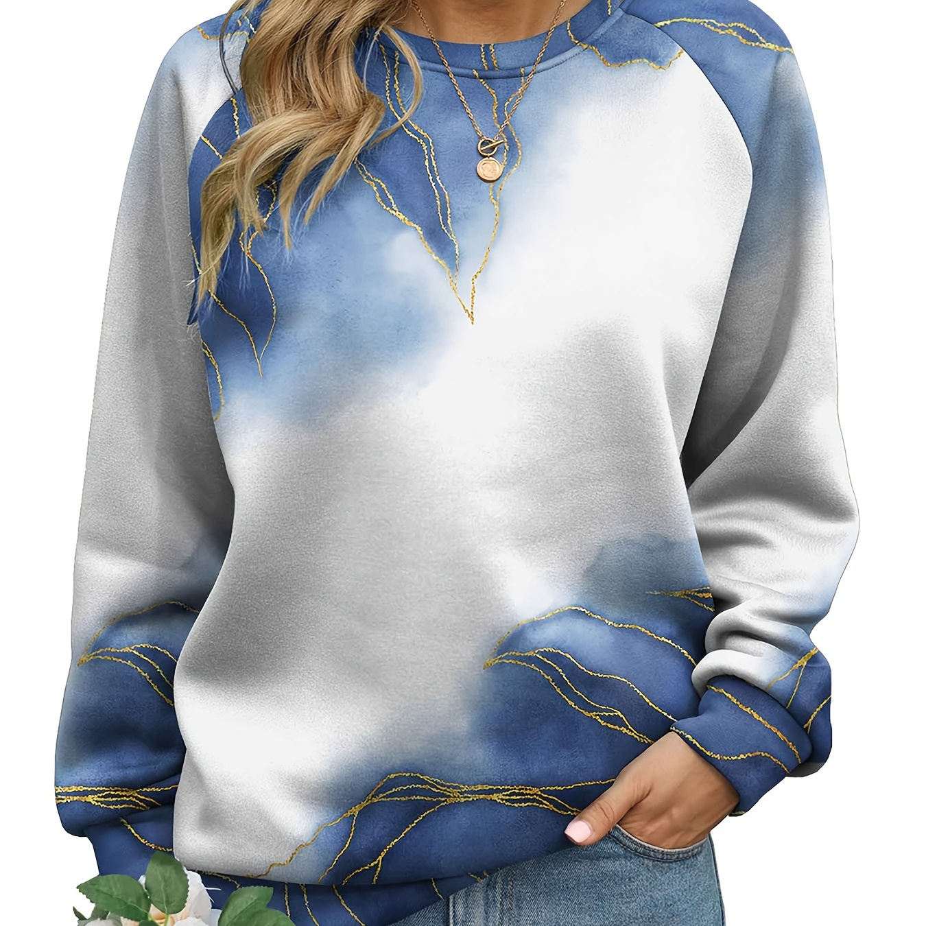 

Plus Size Casual Sweatshirt, Women's Plus Tie Dye Marble Print Long Sleeve Round Neck Pullover Sweatshirt