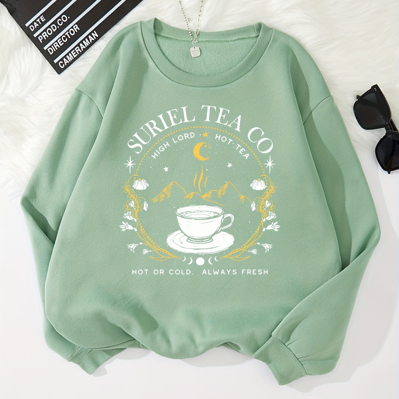 

Tea Print Pullover Sweatshirt, Casual Long Sleeve Crew Neck Sweatshirt For Fall & Winter, Women's Clothing