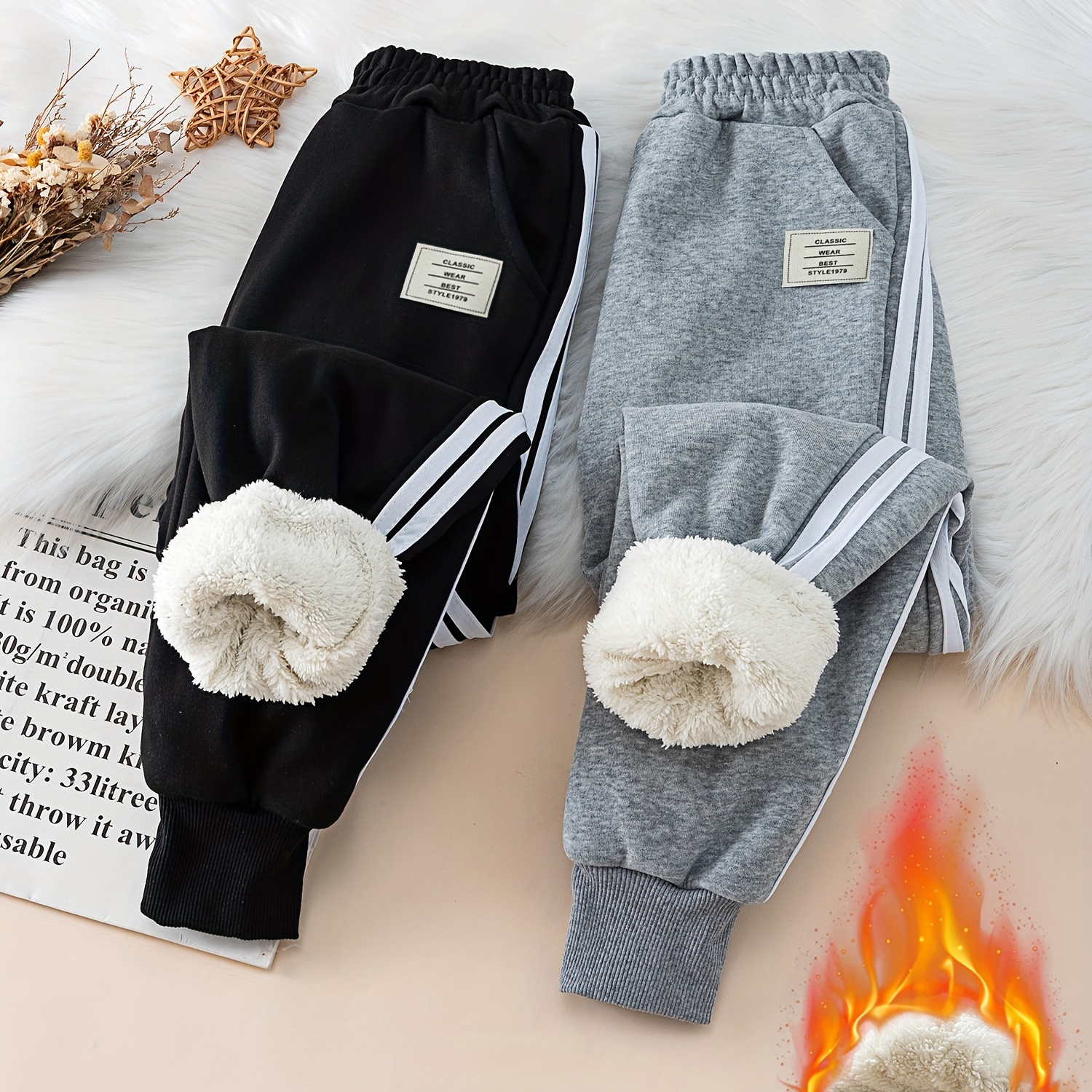 

Boy's Label Patched Fleece Lining Jogger Pants, Outdoor Casual Stylish Warm Autumn Ad Winter Trousers As Gift