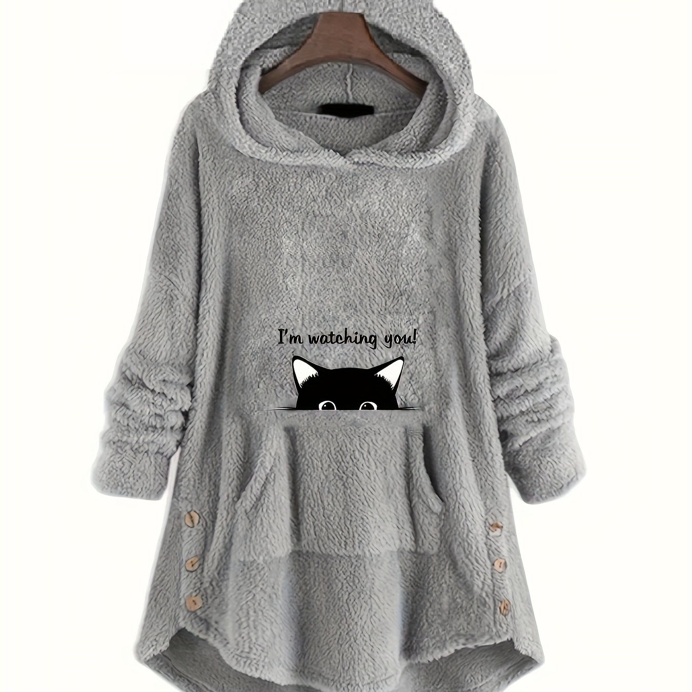 

Cute Cat & Warming Letter Print Hoodie, Cute Ear Decor Kangaroo Pocket Plush Asymmetrical Sweatshirt, Women's Clothing