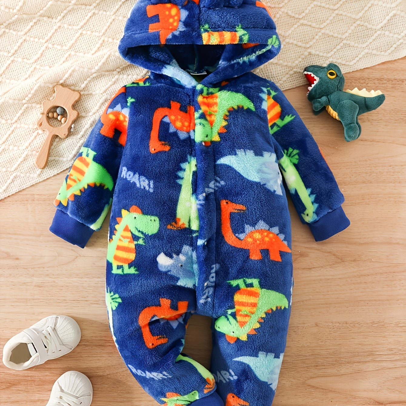 

Baby Boys Fleece-lined Thick Warm Comfortable Cartoon Dinosaur Print Hooded Footed Onesie Jumpsuit With Elastic Ankles, Fall Winter