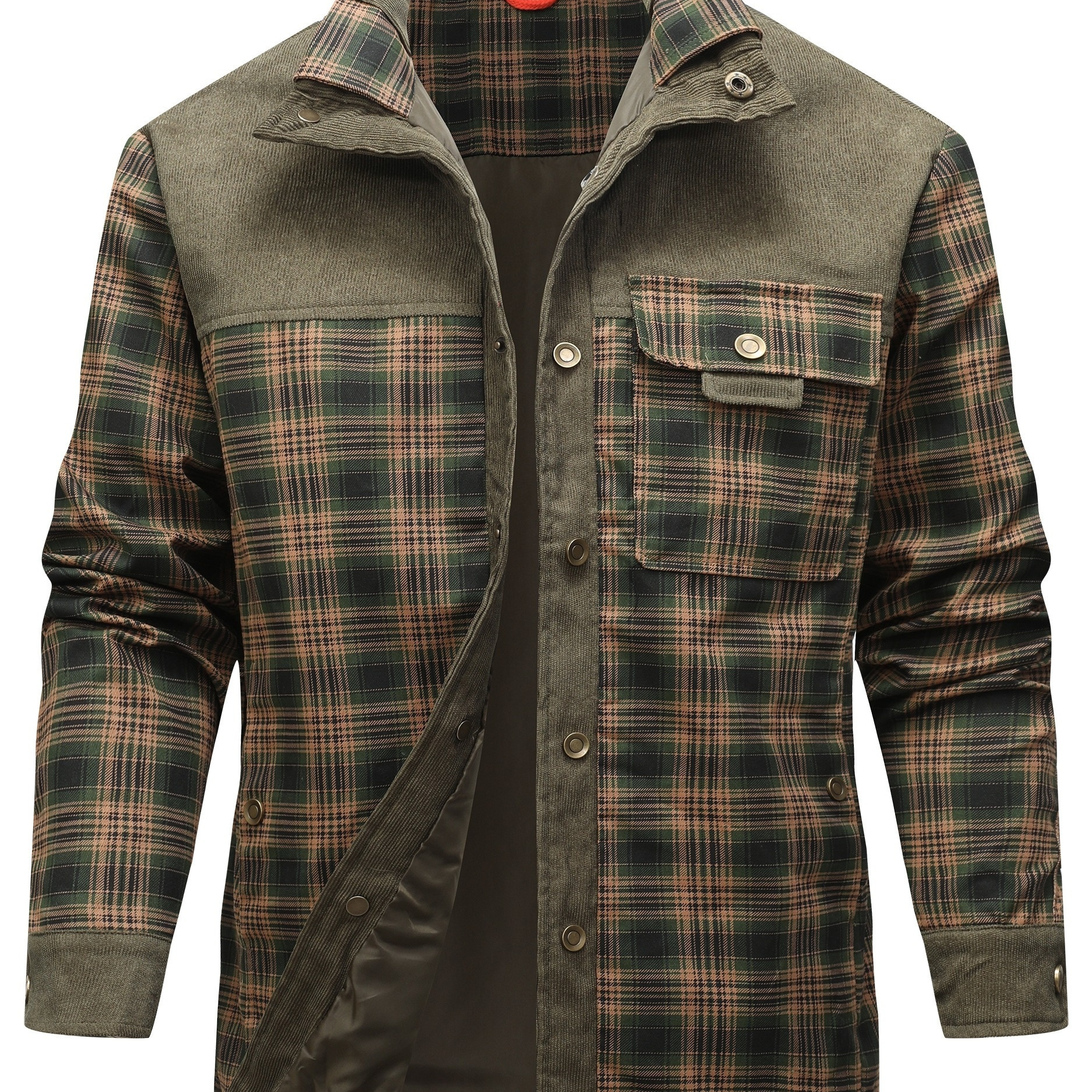 

Vintage Plaid Varsity Jacket Polyester Cotton Blend With Lapel Collar - Long Length Regular Fit Woven Shirt Jacket With Pockets, Single Breasted Placket For Hiking & Outdoor Style