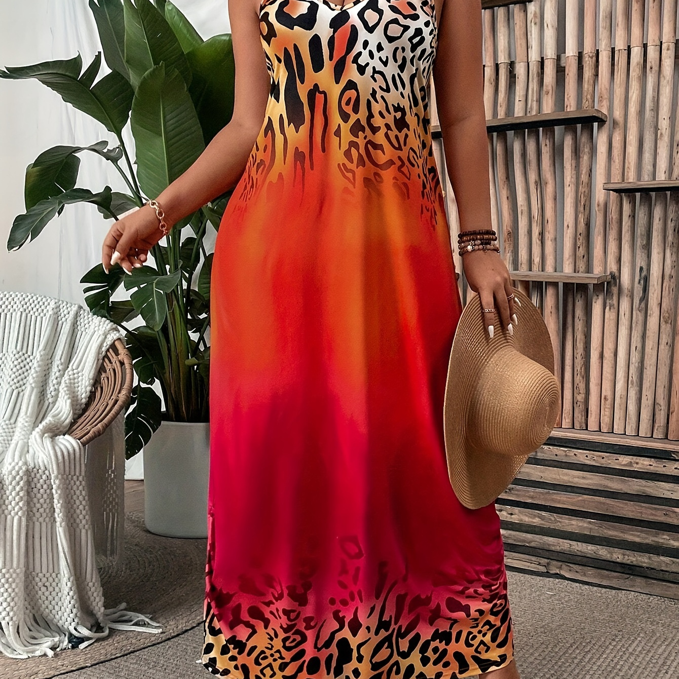 

Plus Size Leopard Print Cami Dress, Elegant Maxi V Neck Spaghetti Strap Dress For Spring & Summer, Women's Plus Size Clothing