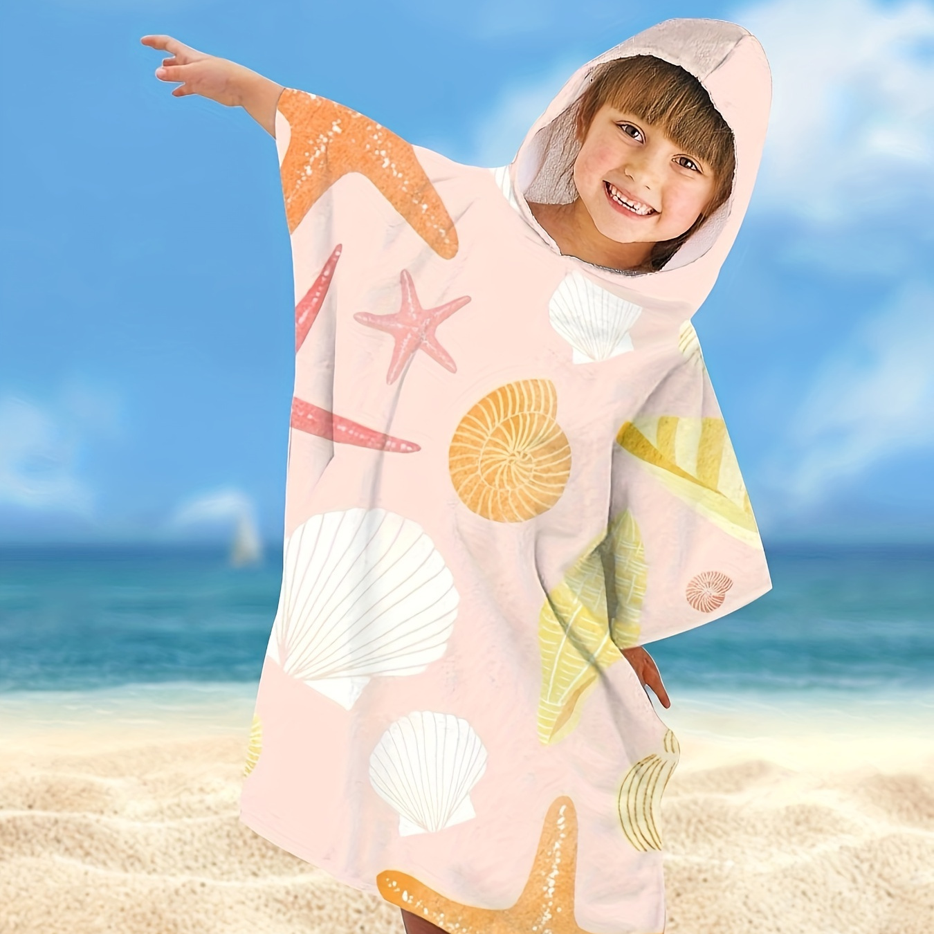 

1 Summer Sea Beach Pattern Multifunctional Cloak Bath Towel, Cute Colorful Printing Robes, Absorbent Strong Color Vivid Seaside Swimming