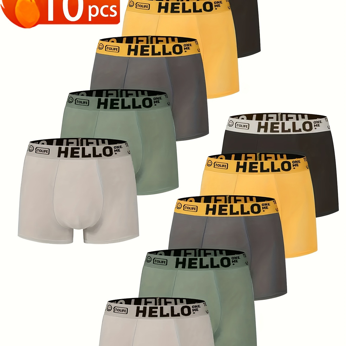 

10pcs Boxers Hommes "HELLO", 95% Polyester & 5% Spandex, Tissu Extensible, Shorts de Sous-vêtements Décontractés de Couleur Unie, Respirants & Confortables pour Tenue Décontractée