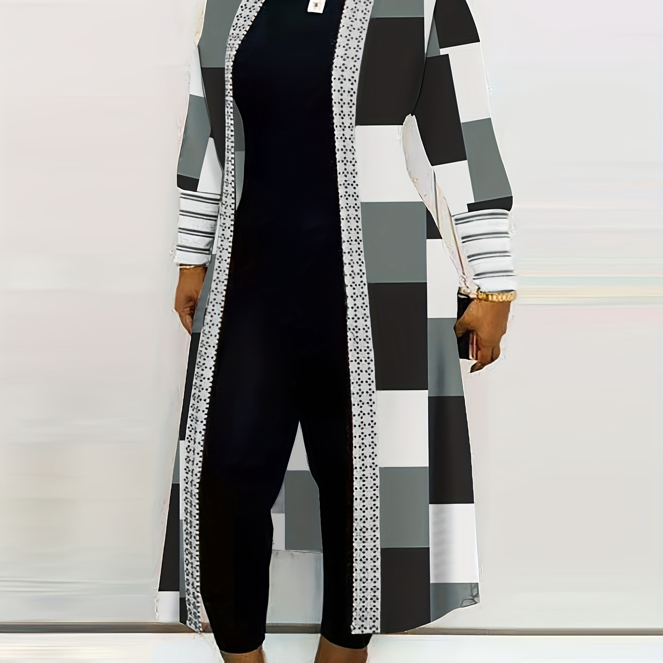 

Plus Size Colorblock Longline Coat, Women's Plus Slight Stretch Casual Trench Coat