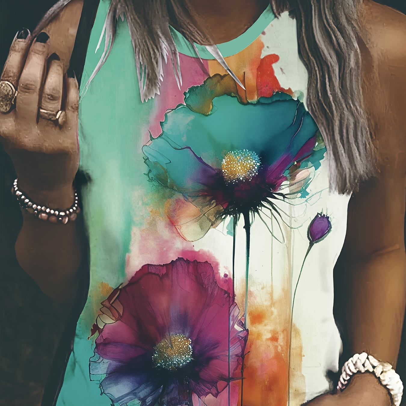 

Floral Print Crew Neck Tank Top, Casual Sleeveless Tank Top For Spring & Summer, Women's Clothing