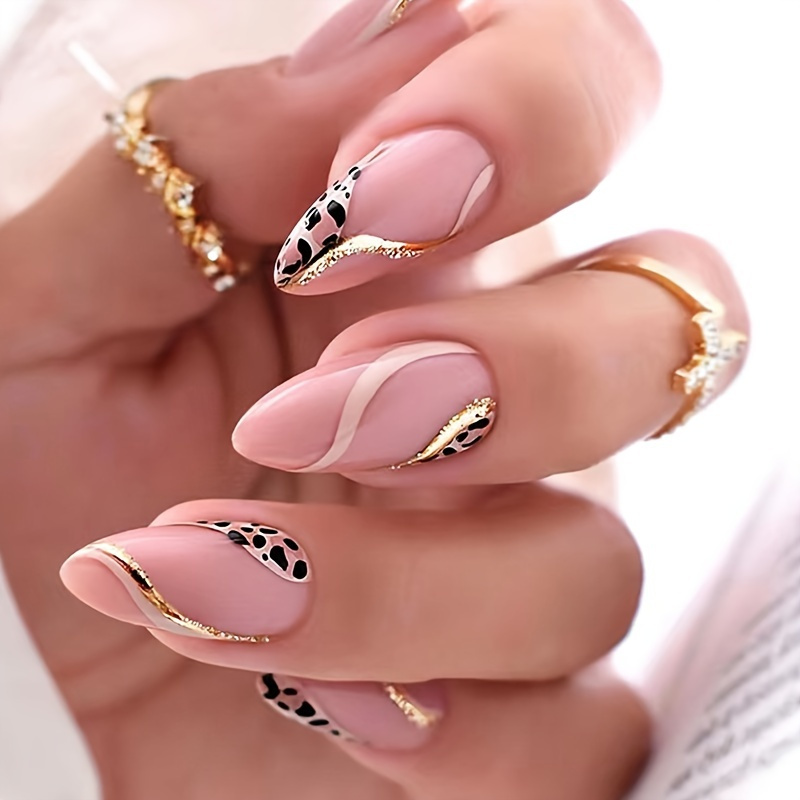 Glossy Pink Leopard Print and Gold Stripe Press On Nails - Full Cover Acrylic Nails for Women and Girls