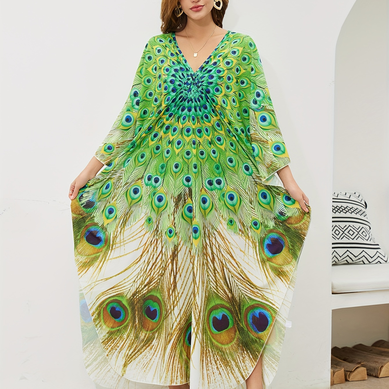 

Women's Peacock Print Beach Cover-up Dress - & -neck, Loose Fit, Long Sleeve, Sun Protection, Bohemian Style, Polyester Fabric, Vacation Or Beach , Beach Dress