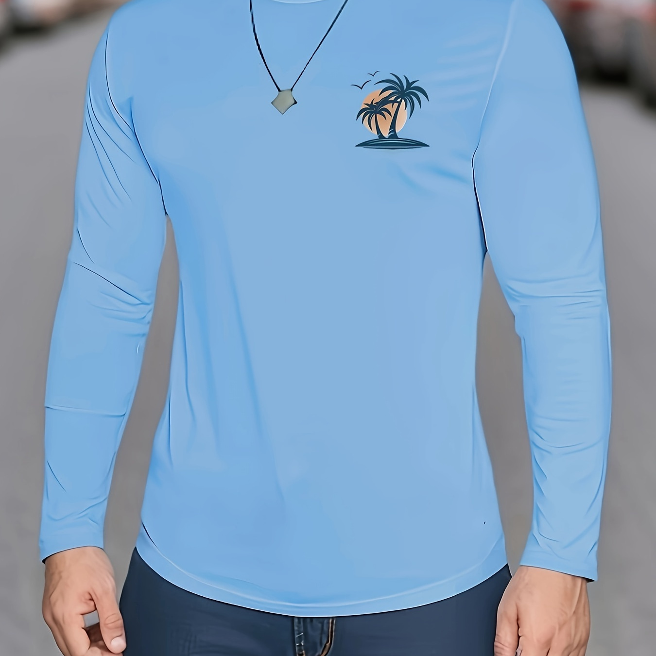 

Trendy Coconut Tree Pattern Print Men's Fashion Comfy Breathable T-shirt, New Casual Round Neck Long Sleeve Sports Tee For Spring Summer Men's Clothing
