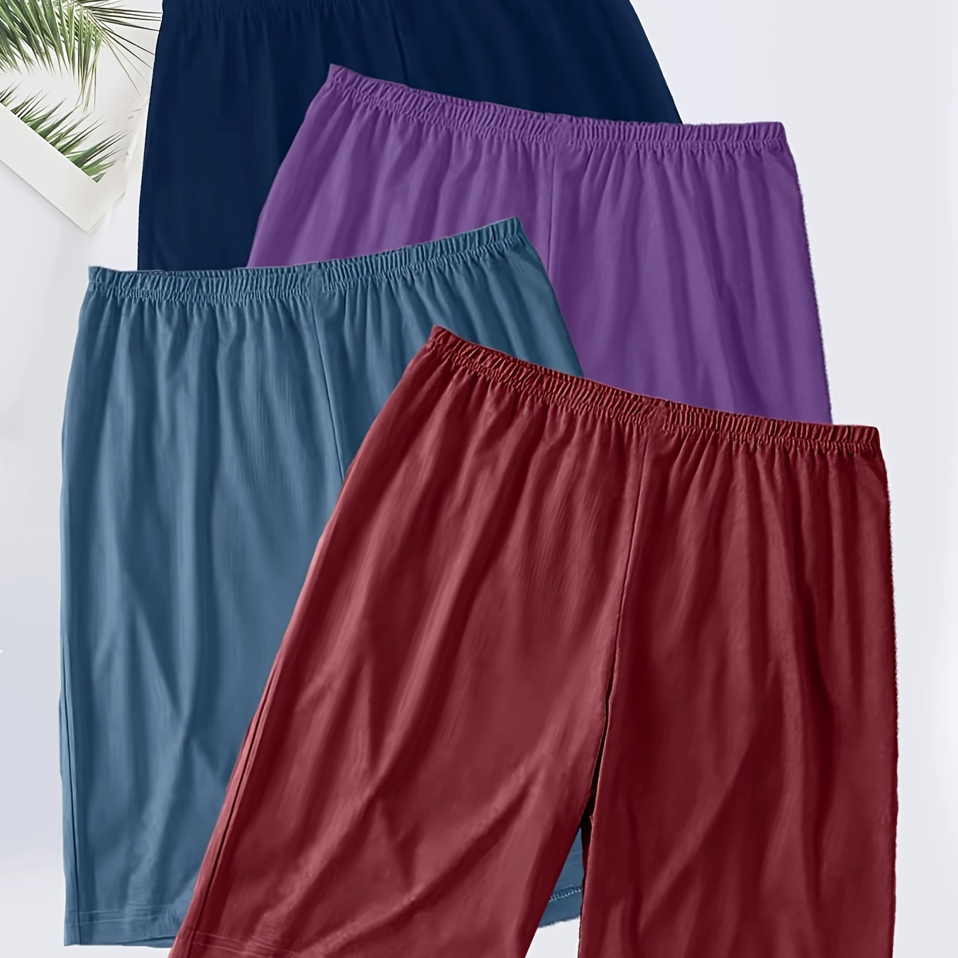 

4pcs Plus Size Casual Lounge Shorts, Women's Solid Elastic Waistband Comfort Home Wear Shorts