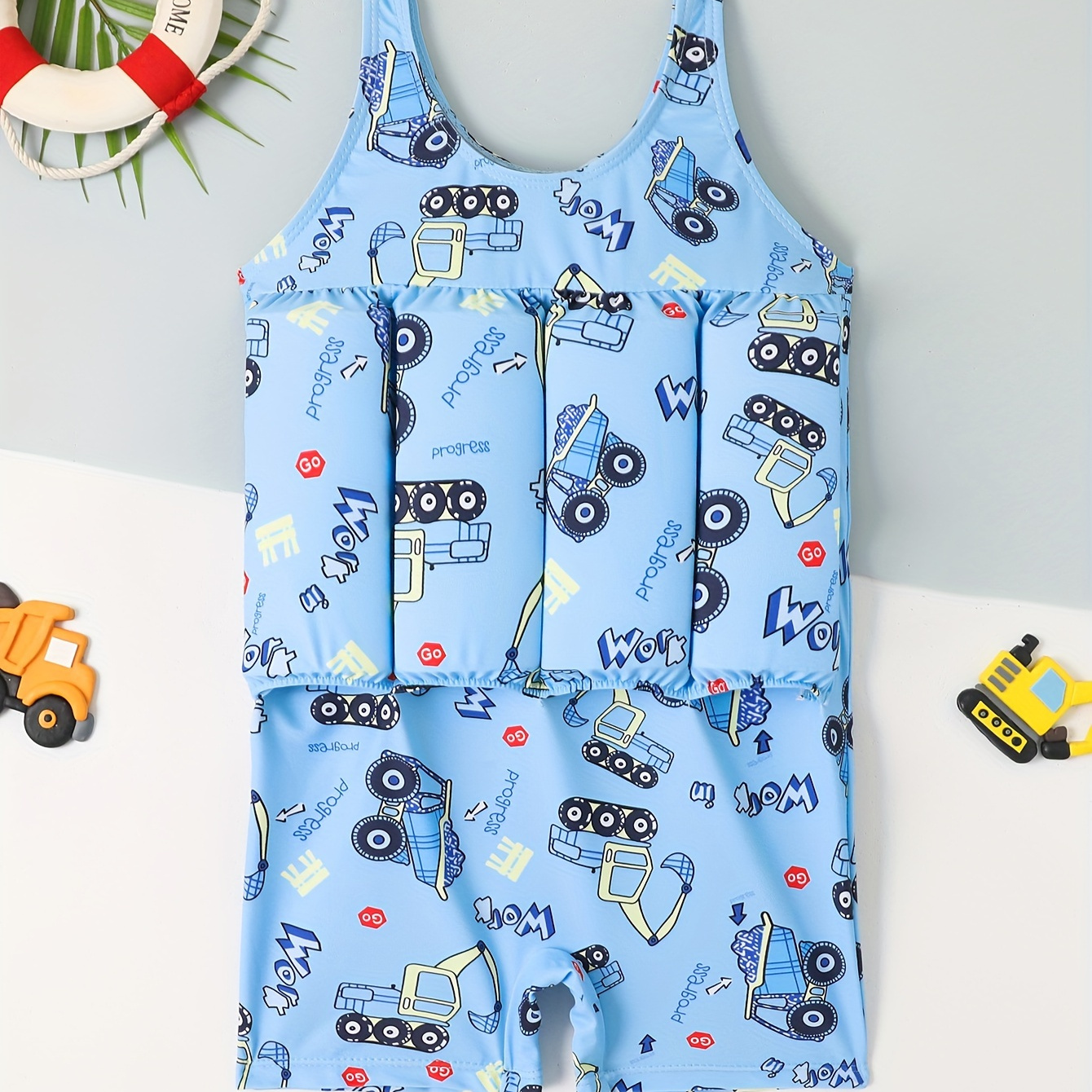 

Toddler's Excavator Pattern Floatable One-piece Swimsuit, Stretchy Sleeveless Bathing Suit, Baby Boy's Swimwear For Beach Vacation