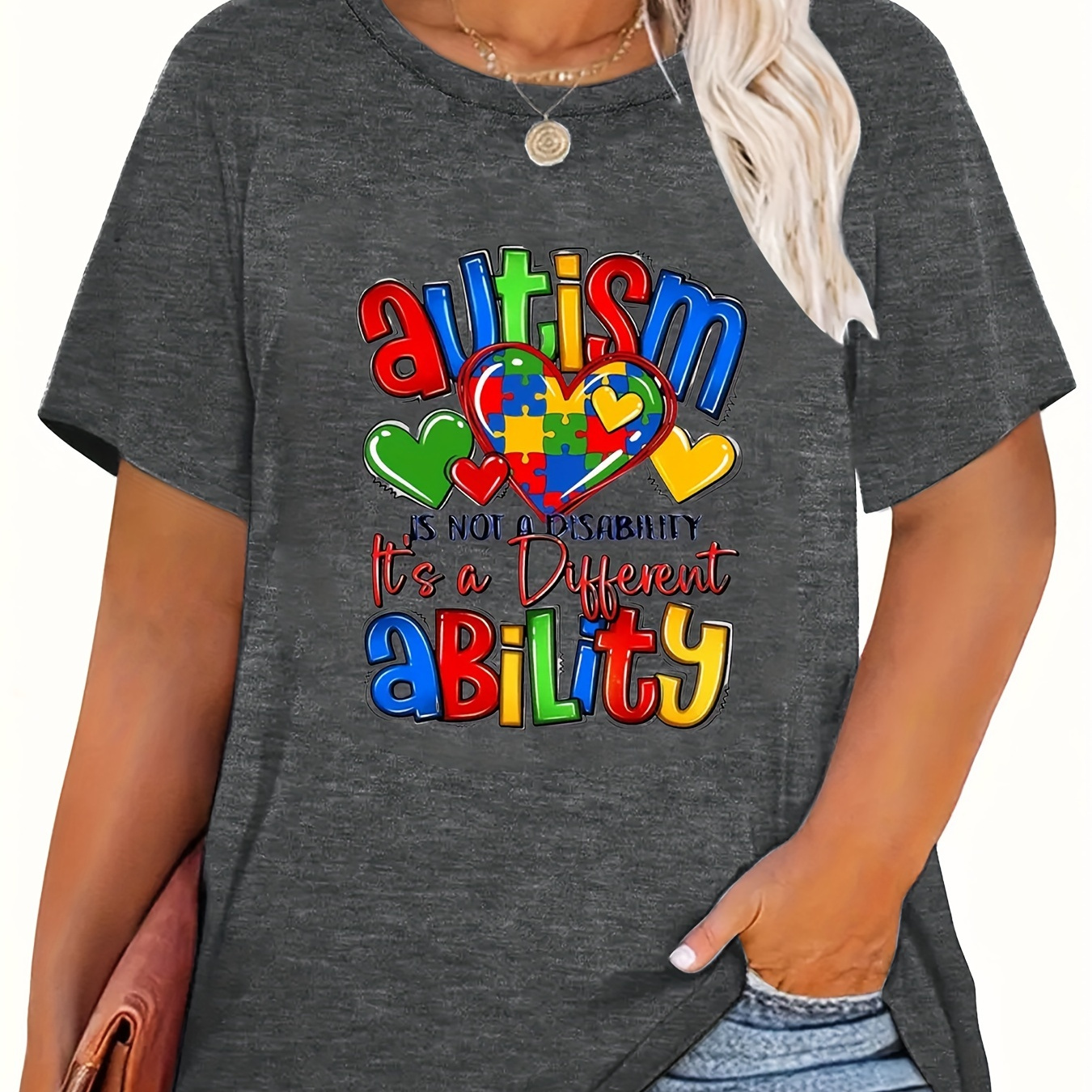 

Autism Awareness Plus Size T-shirt For Women - Fun Love Print, Crew Neck, Soft Polyester Blend, Machine Washable - Casual & Stylish