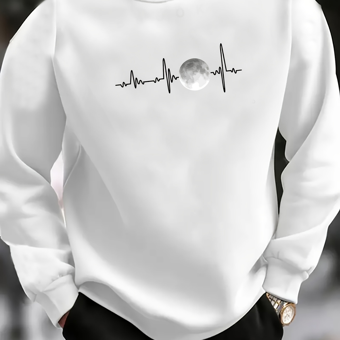 

Men's Casual Ecg Moon Graphic Print Sweatshirt - Polyester Blend Crew Neck Pullover With Long Sleeves, Regular Fit Knit Fabric - Stylish Casual Sportswear Top