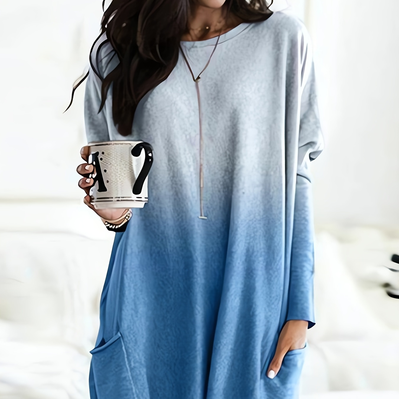 

Plus Size Casual T-shirt, Women's Plus Colorblock Ombre Print Long Sleeve Round Neck Slight Stretch Tunic Top With Pockets