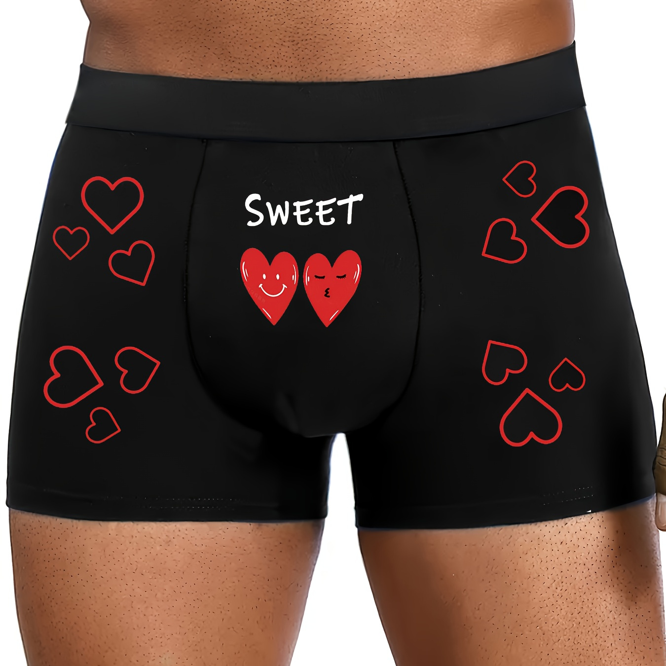 

1pc Men's "sweet" Heart Print Boxer Briefs - Stretchy & Comfortable Polyester , Waistband, Non-see-through Knit Fabric, Hand Washable - Fun Underwear, Boxer Shorts