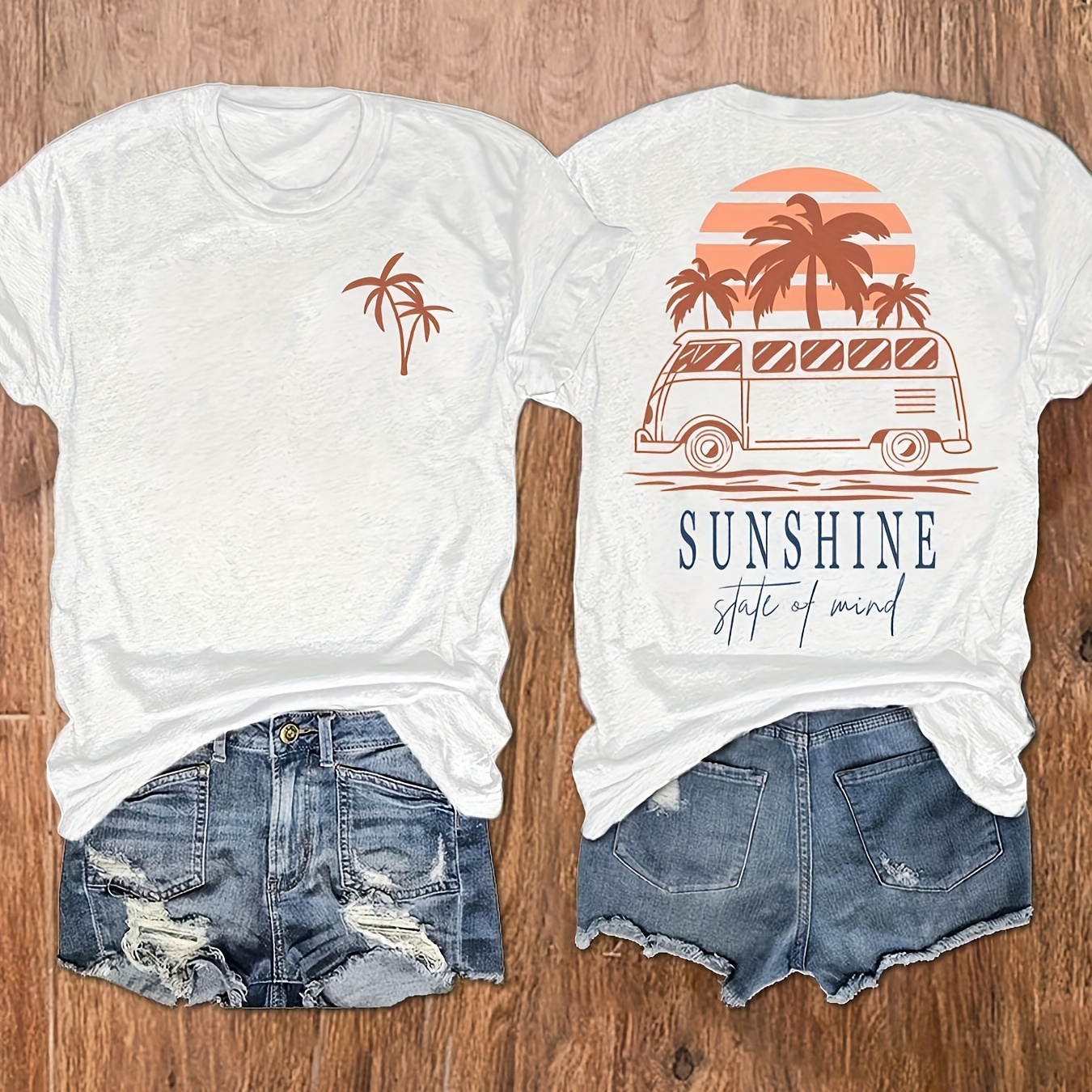 

Sunshine Print Crew Neck T-shirt, Short Sleeve Casual Top For Summer & Spring, Women's Clothing