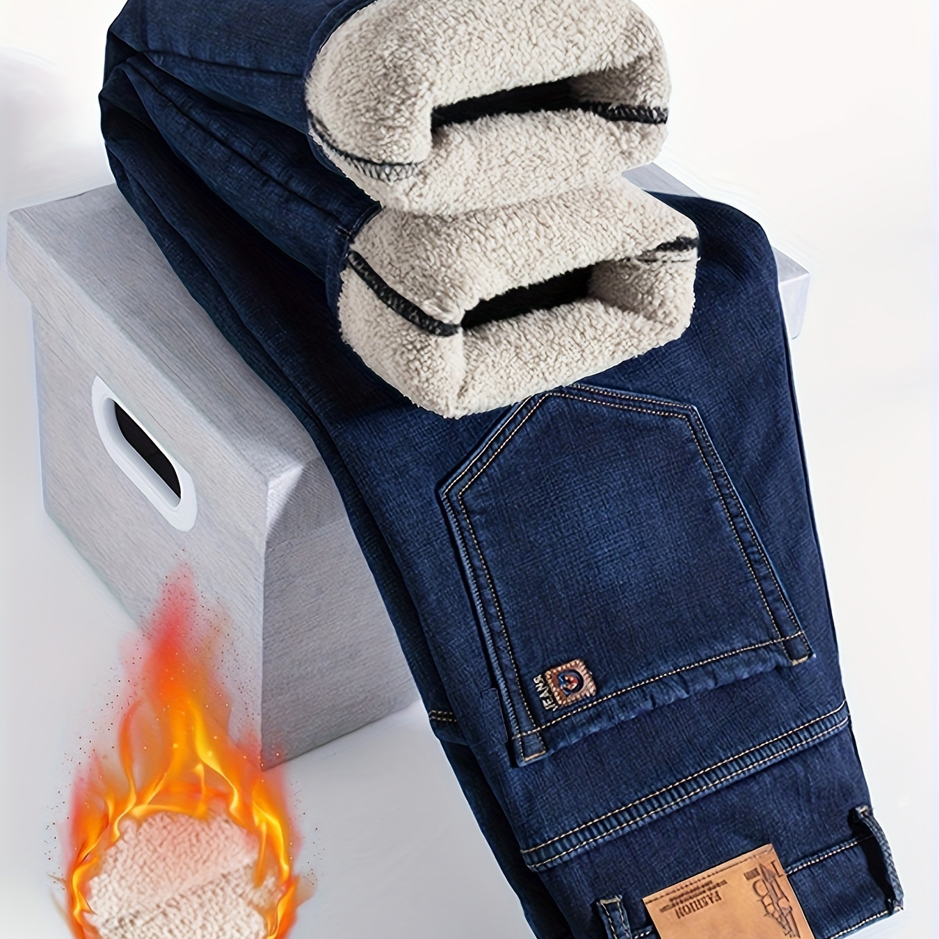 

Jean chaud hiver doublé [1pc] pour adultes, pantalon en denim décontracté, mélange de coton, extensible, couleur unie, longueur régulière, tissu , avec fermeture à glissière, pour les matures