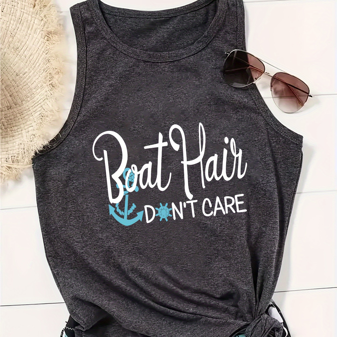 

Women's Casual Sleeveless Tank Top With Boat Anchor Design, Round Neck Contrast Color Beachwear