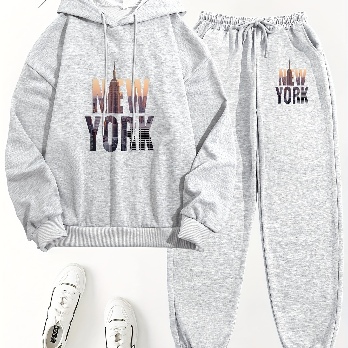 

Casual New York Print Pantsuits, Long Sleeve Drawstring Hooded Sweatshirt & Pocket Jogger Pants Outfits, Women's Clothing