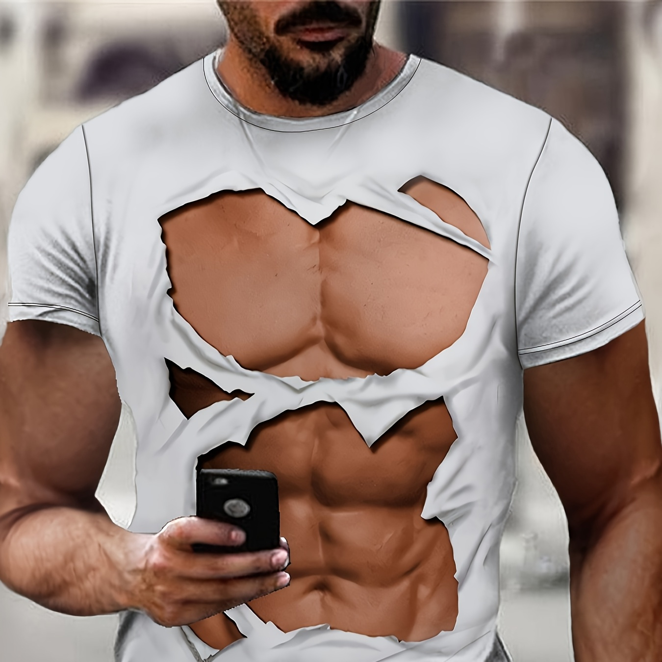 

T-shirt à manches courtes pour homme avec 3D sur la poitrine et le ventre, motif , tee-shirt pour les vêtements décontractés d'extérieur, pull à col rond, adapté aux sports et au fitness.