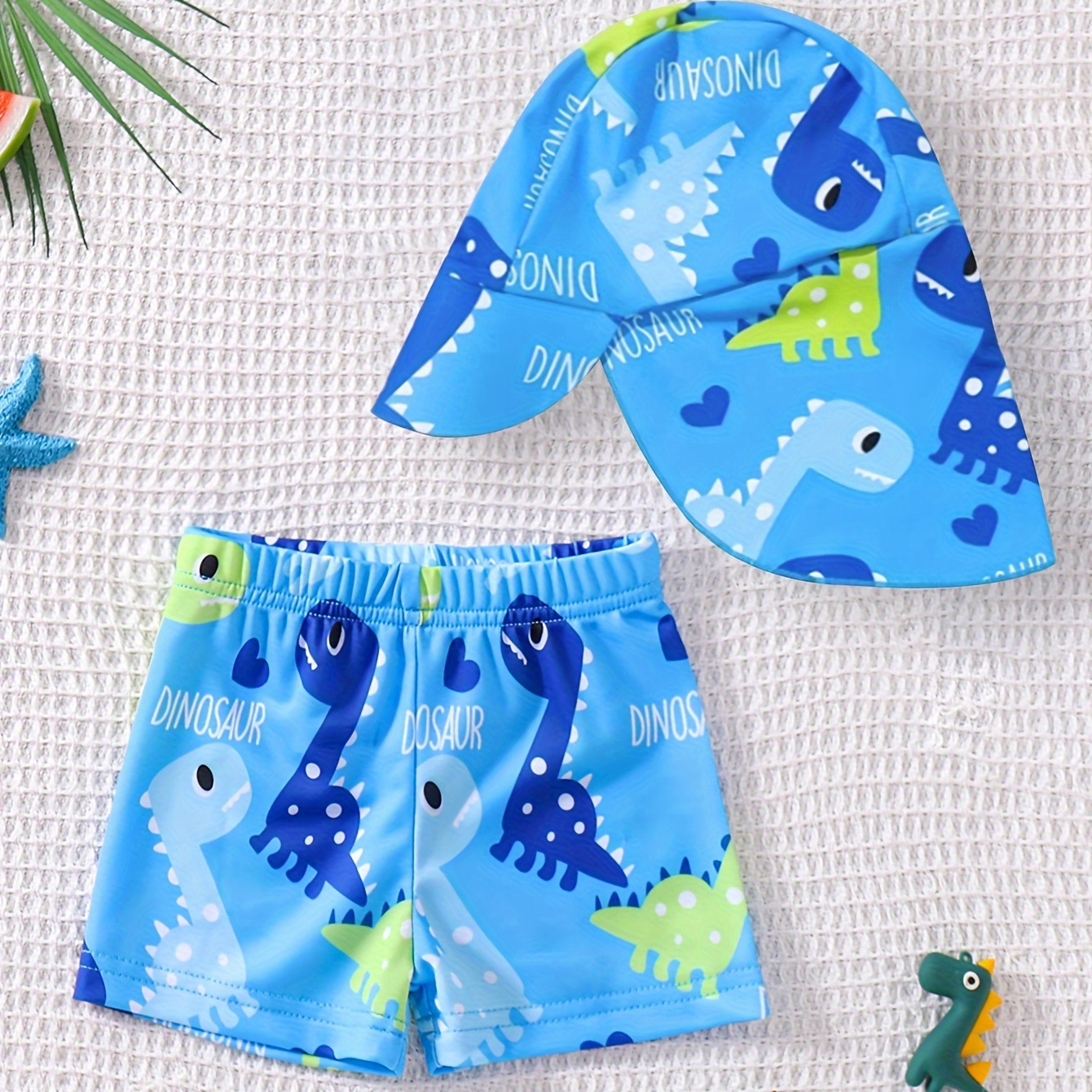 

Baby Boys 2-piece Swim Set, Cute Cartoon Dinosaur Print, Baby Swim Trunks With Matching Sun Hat, Adorable Pool & Beachwear For Toddlers