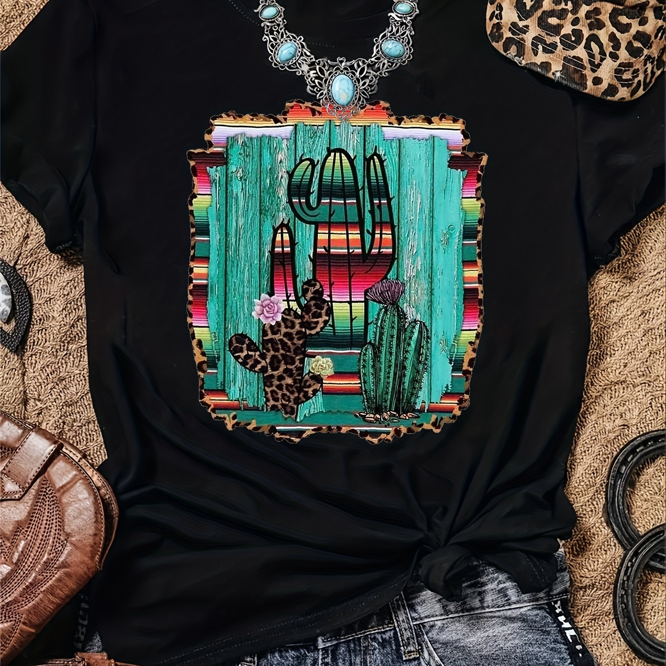 

Cactus Print Crew Neck T-shirt, Casual Short Sleeve T-shirt For Spring & Summer, Women's Clothing