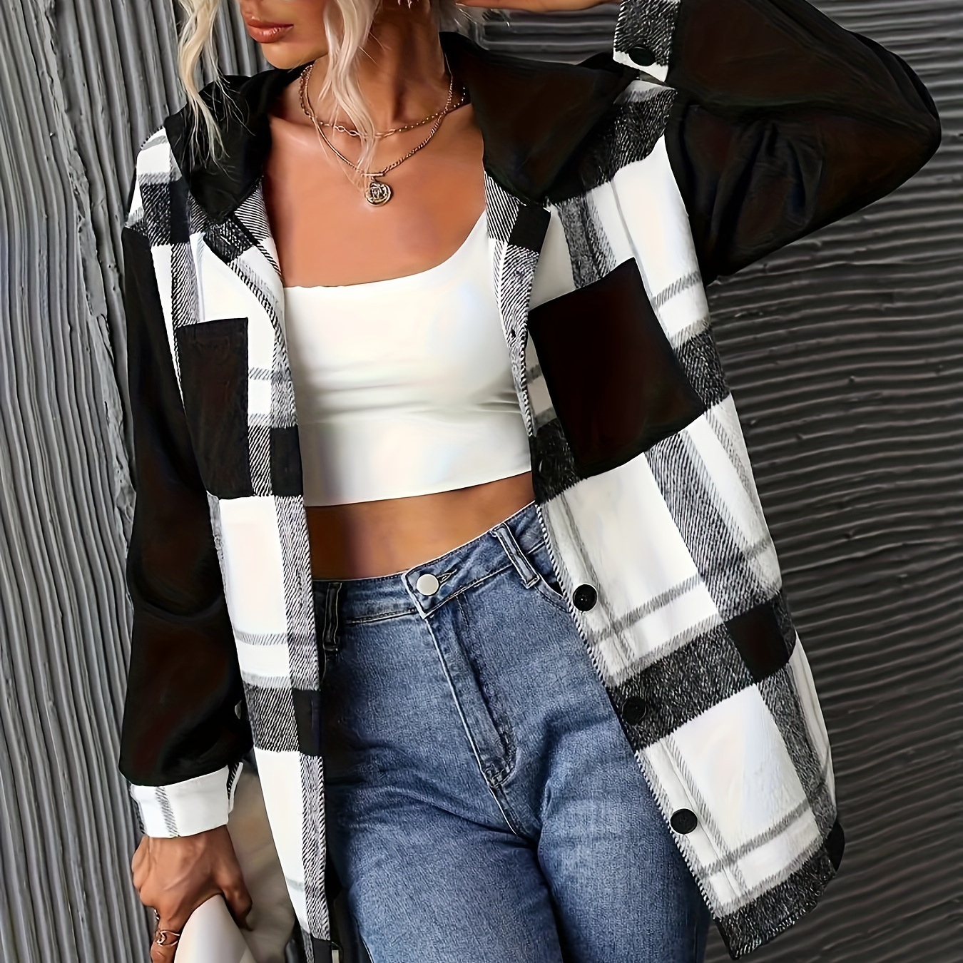 

Plaid Print Pocket Hoodies, Casual Long Sleeve Button Hoodie For Fall & Winter, Women's Clothing