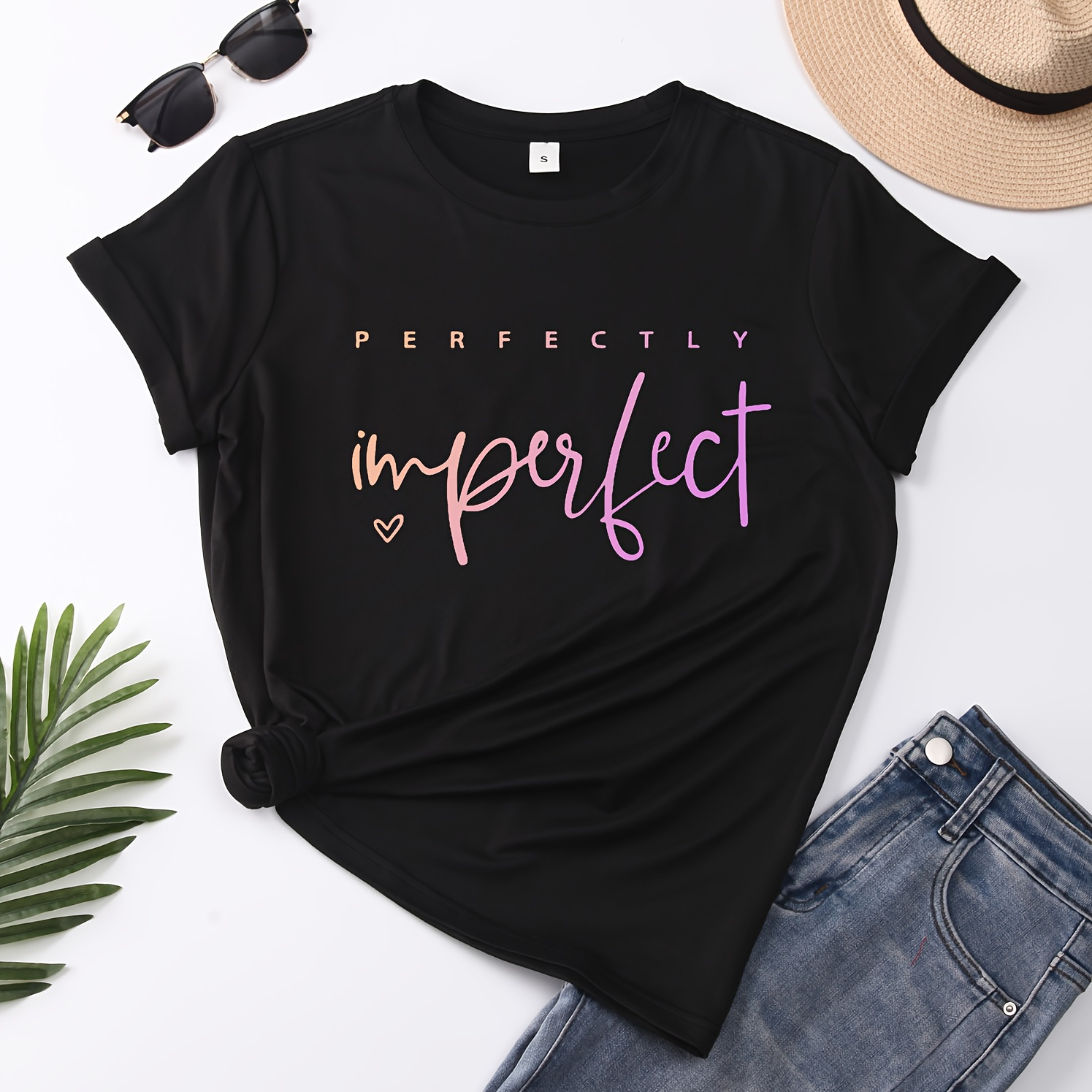 

Women's "perfectly " Slogan Print T-shirt - Casual Crew Neck Knit Top With Short Sleeves, Polyester & Elastane , Slight Stretch For Spring/summer/fall