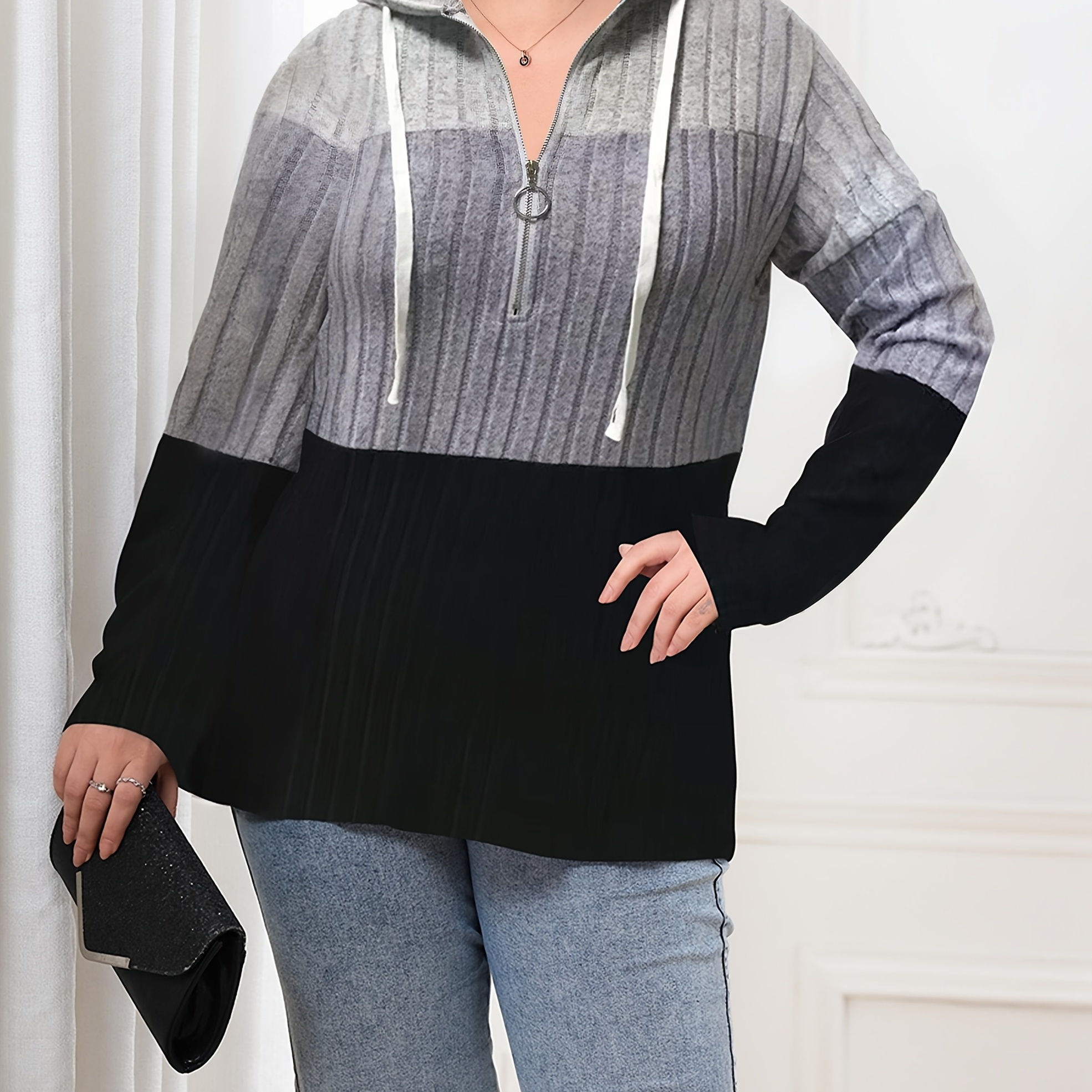 

Sweat à capuche décontracté à de couleurs grande taille, sweat à capuche à manches longues avec cordon de serrage et fermeture éclair, vêtements grande taille pour femmes