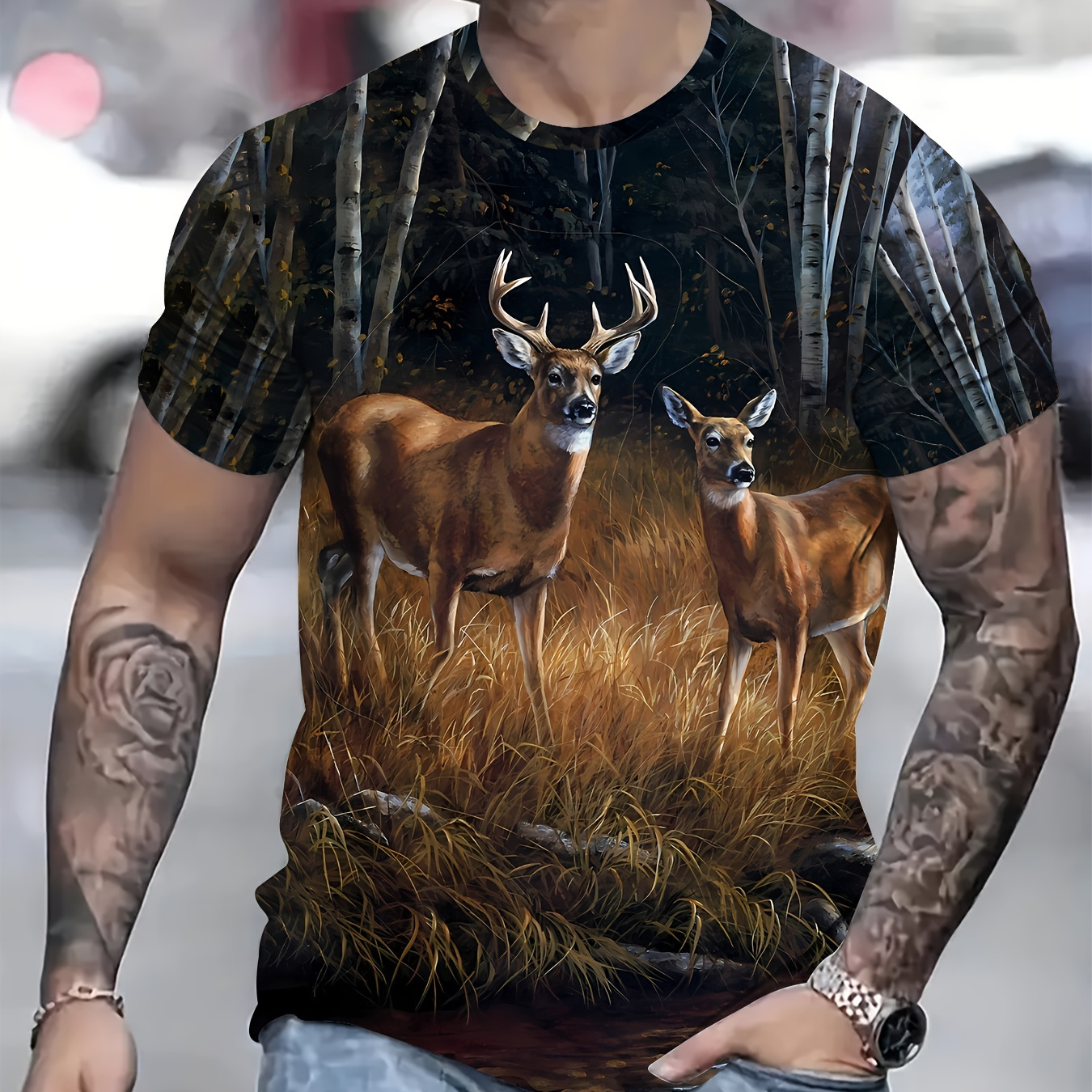 

Summer Casual Men's 3d Deer Print T-shirt - Crew Neck Polyester Tee With Slight Stretch, Adult And Teen Regular Short-sleeve Top For Outdoor Activities