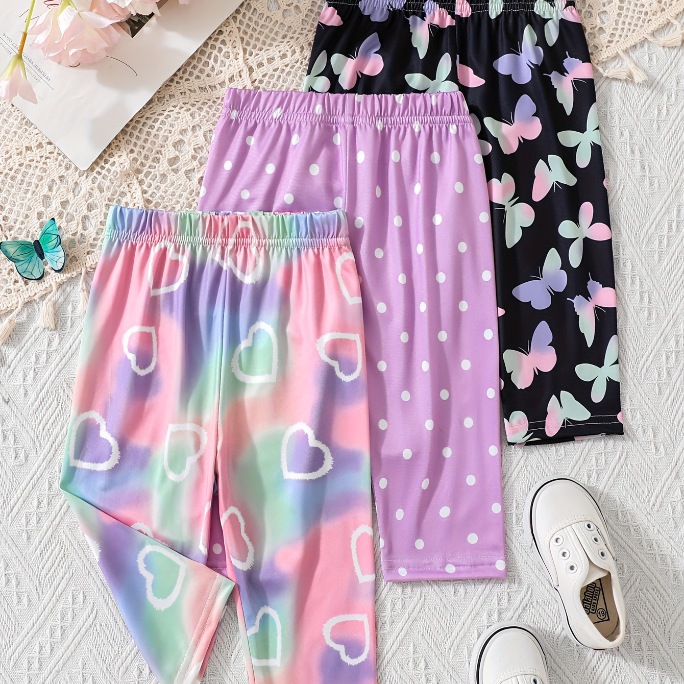

3pcs, Casual Heart/butterfly/polka Dot Print Cropped Leggings, Girls Thin Tie Dye Pattern Pants For Summer