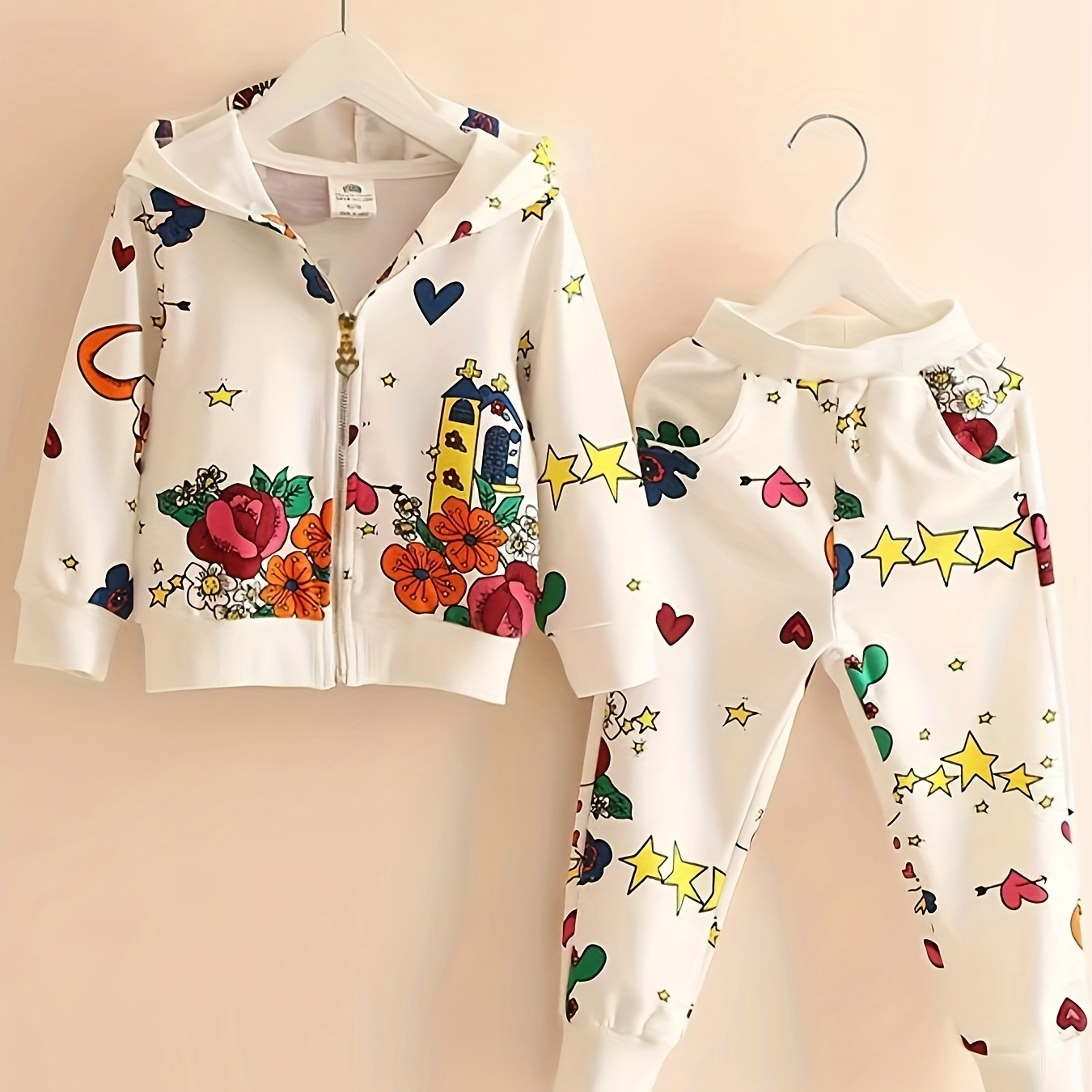 

Kids Stylish Sweatsuit, Irregular Rose Flower Print Pullover Top & Pants Set For Toddler Baby Girls