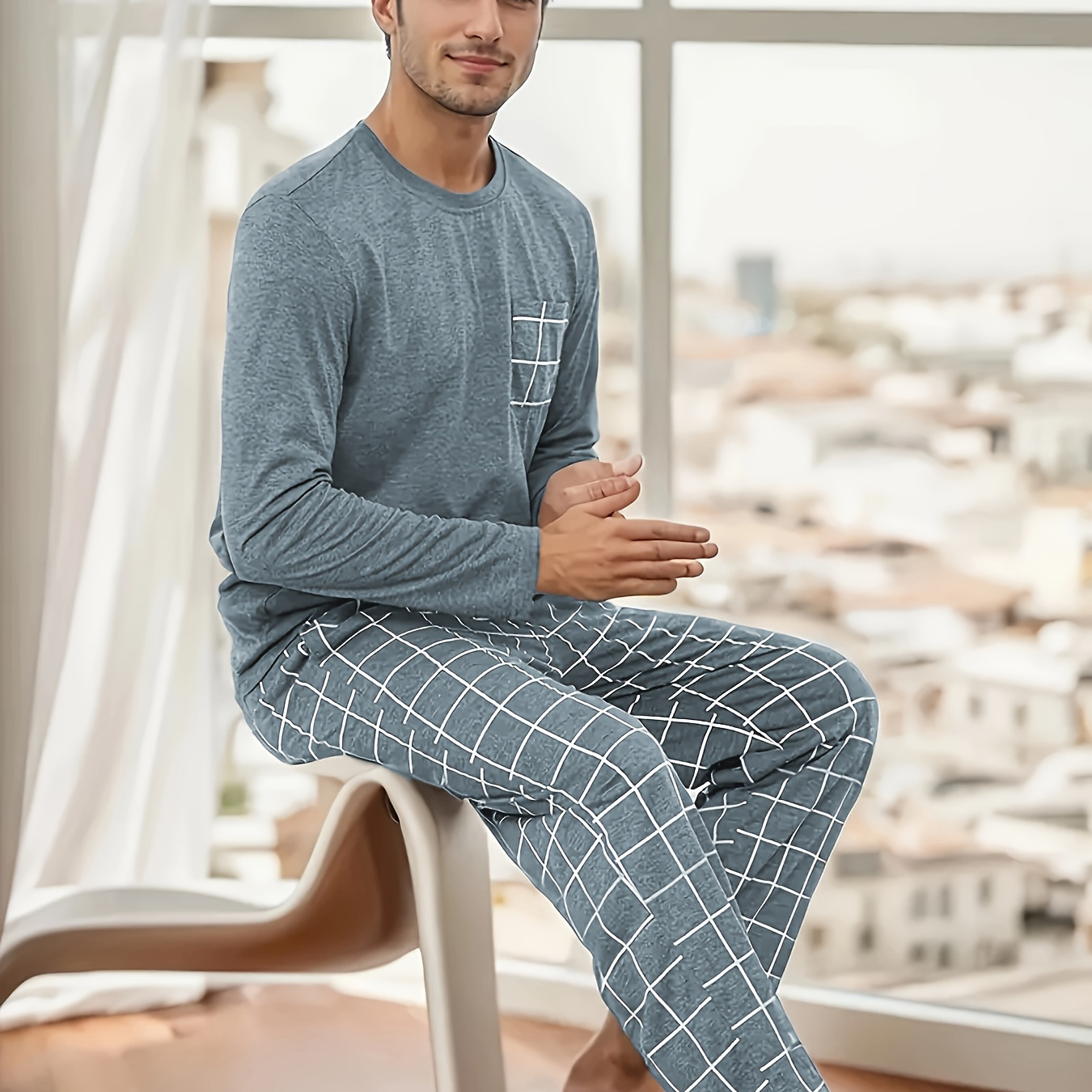 

2pcs Men's Gray Round Neck Long Sleeve And Pants Pajama Set, Comfortable And Skin-friendly, Suitable For Men's Casual