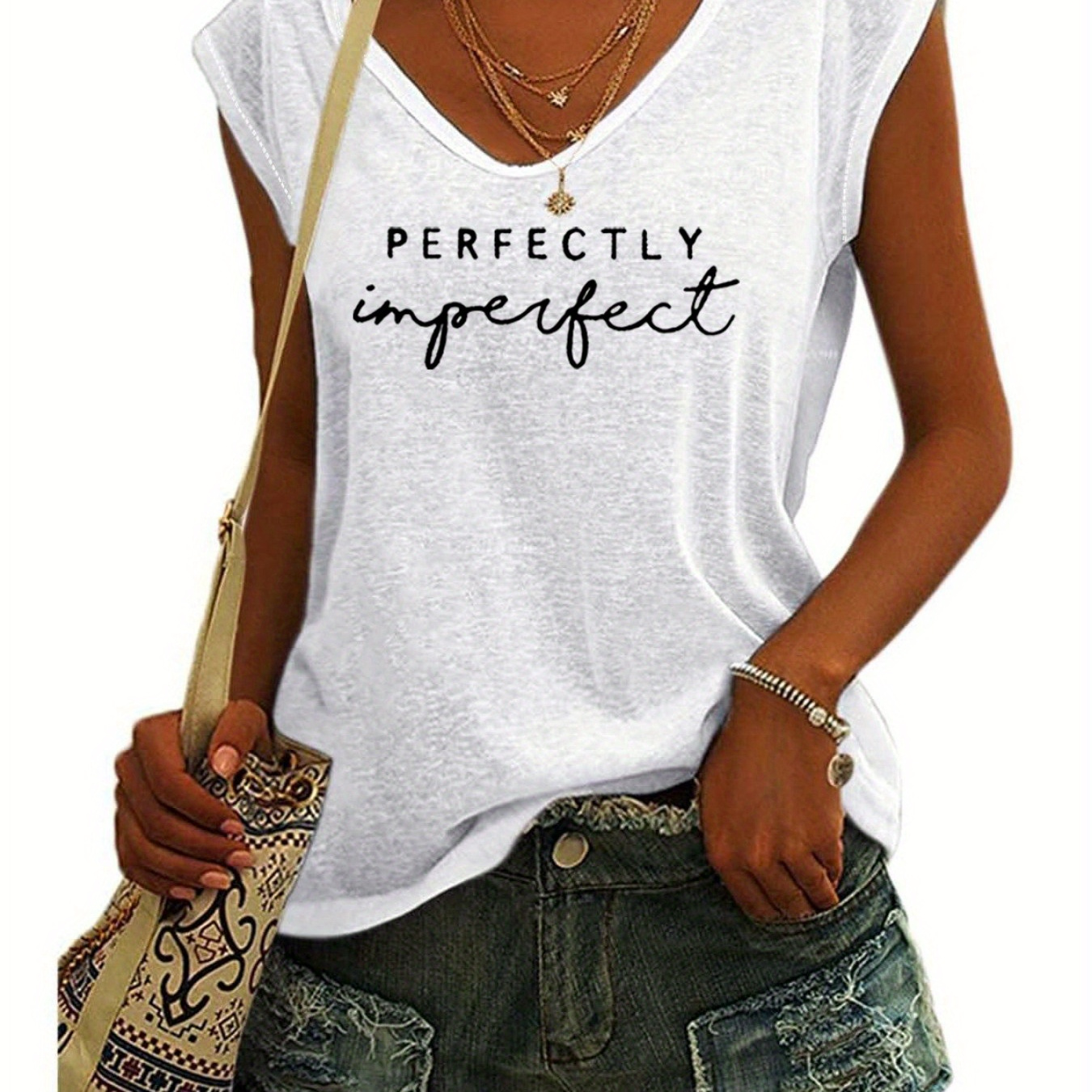 

Perfectly Letter Print Knitted Tank Top, Sleeveless Casual Top For Summer & Spring, Women's Clothing