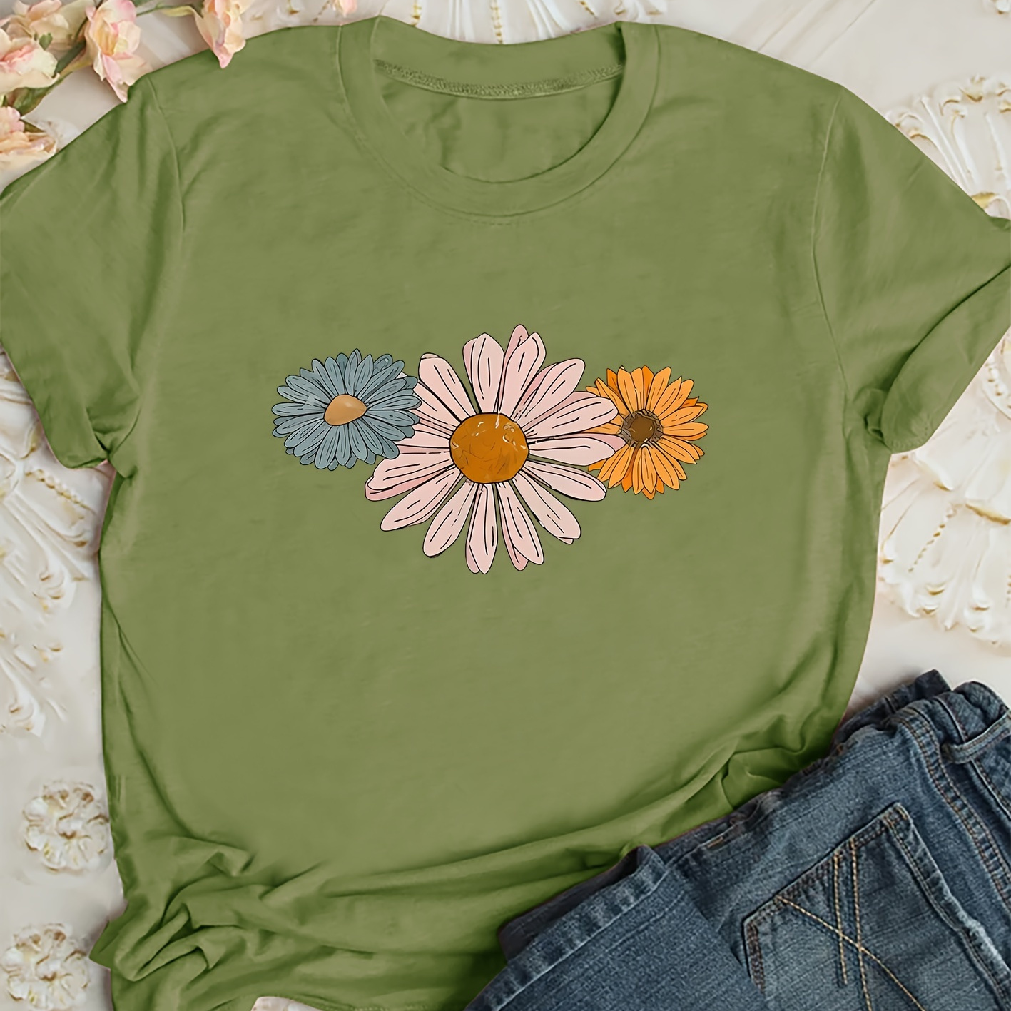 

Chic Floral Neck T-shirt For Women - Soft Polyester, Machine Washable, Spring/summer/fall