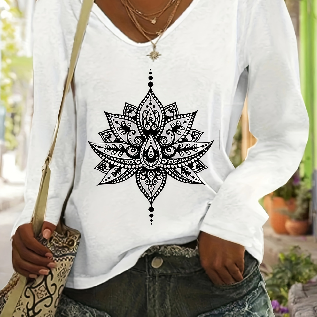 

Lotus Print T-shirt, Long Sleeve V Neck Casual Top For Spring & Fall, Women's Clothing