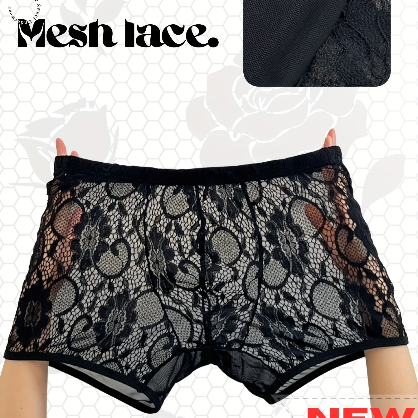 

Men's Fashion Designer Sexy Front Lace Print/back Mesh, Transparent Underwear, High Elasticity Lace Mesh Patchwork Flat Angle Underwear, , Seductive, Ice Silk, Comfortable